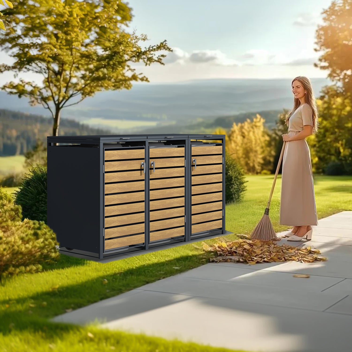 Phoenix Safe Co. Müllcontainer – Stahl, rechteckig – Anthrazit/Eiche – 3-türig, Soft-Close – 200 × 80 × 116 cm
