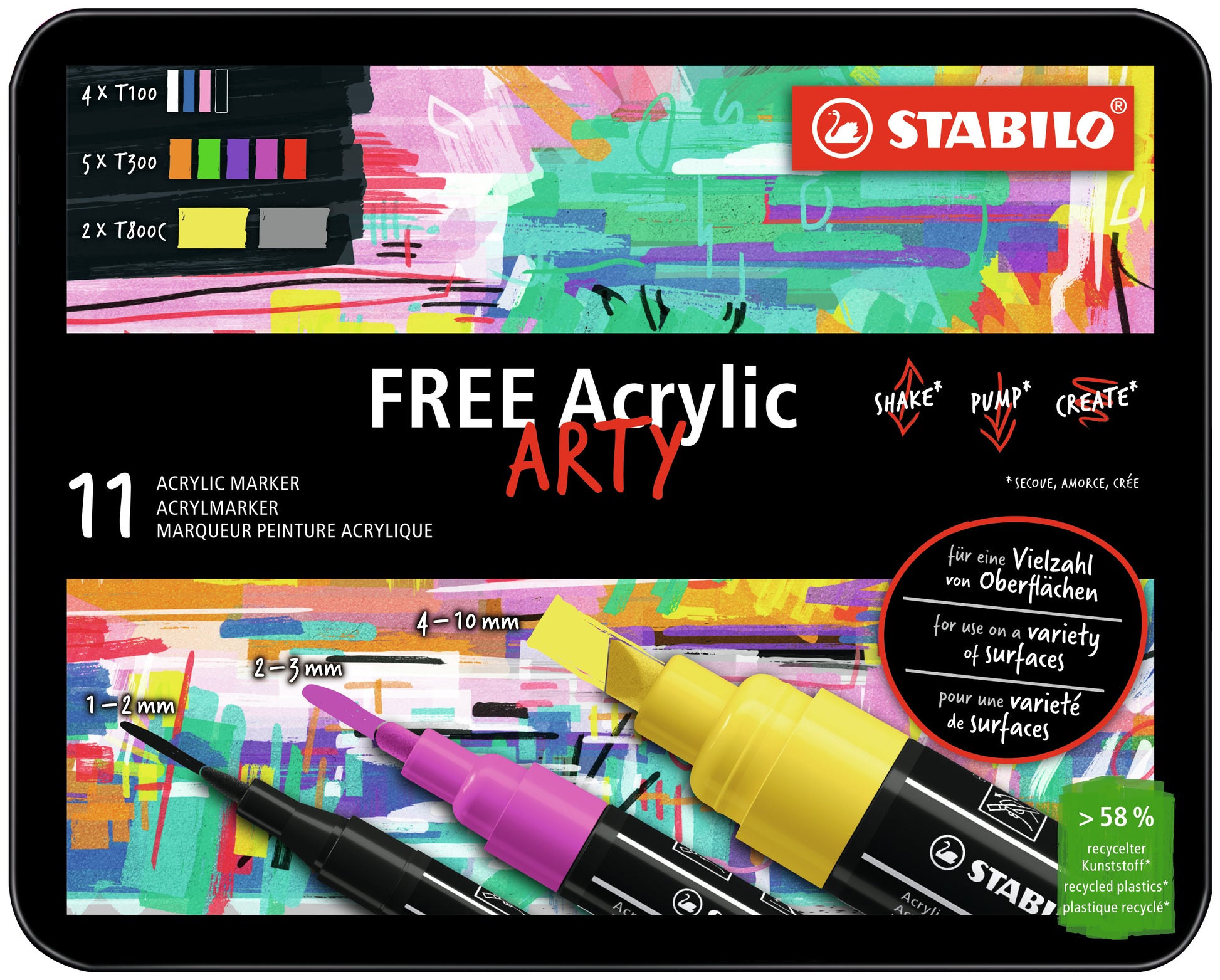 STABILO FREE Acrylmarker – 3 mm – mehrfarbig, 11er-Set, für Stein