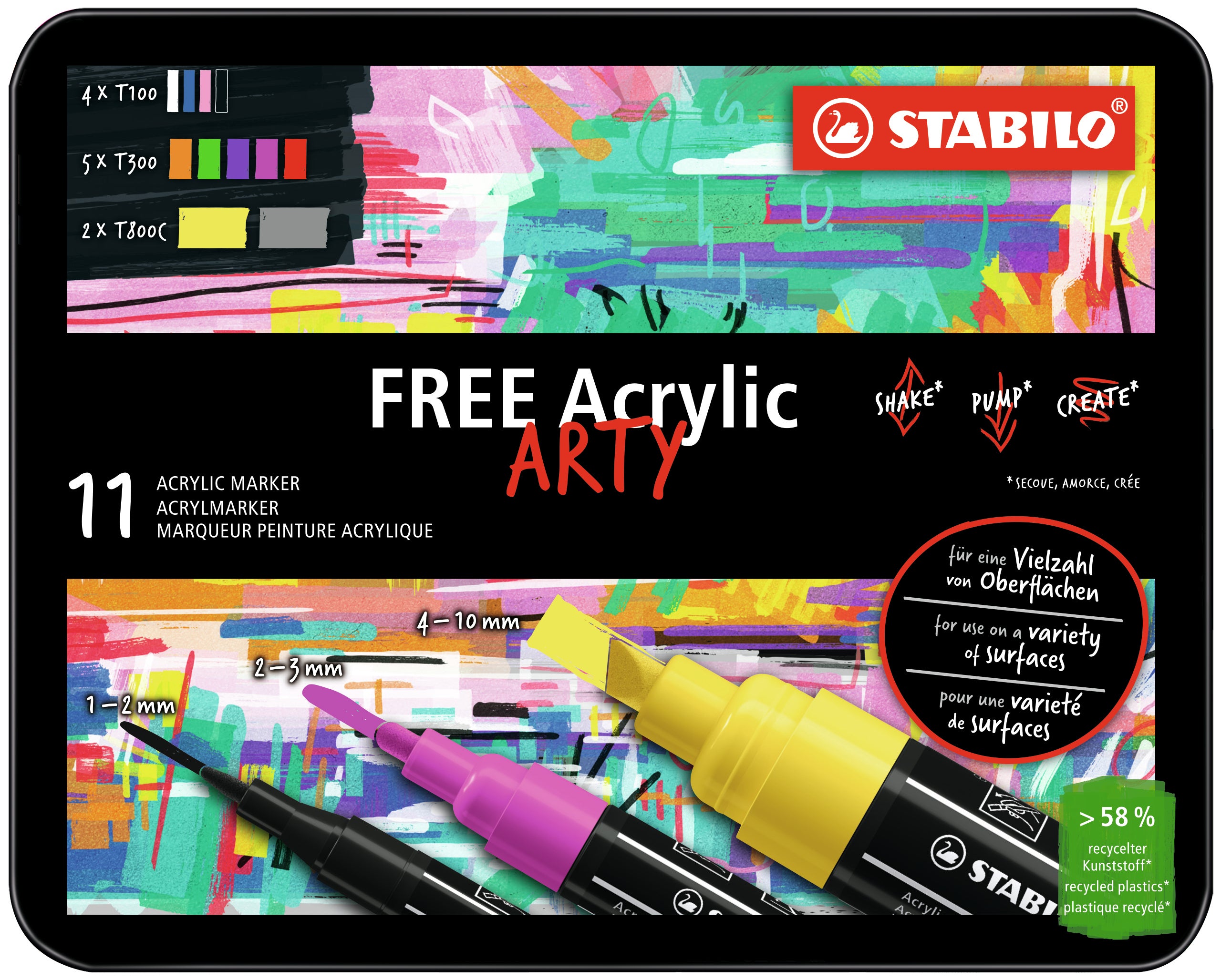 STABILO FREE Acrylmarker – 3 mm – mehrfarbig, 11er-Set, für Stein