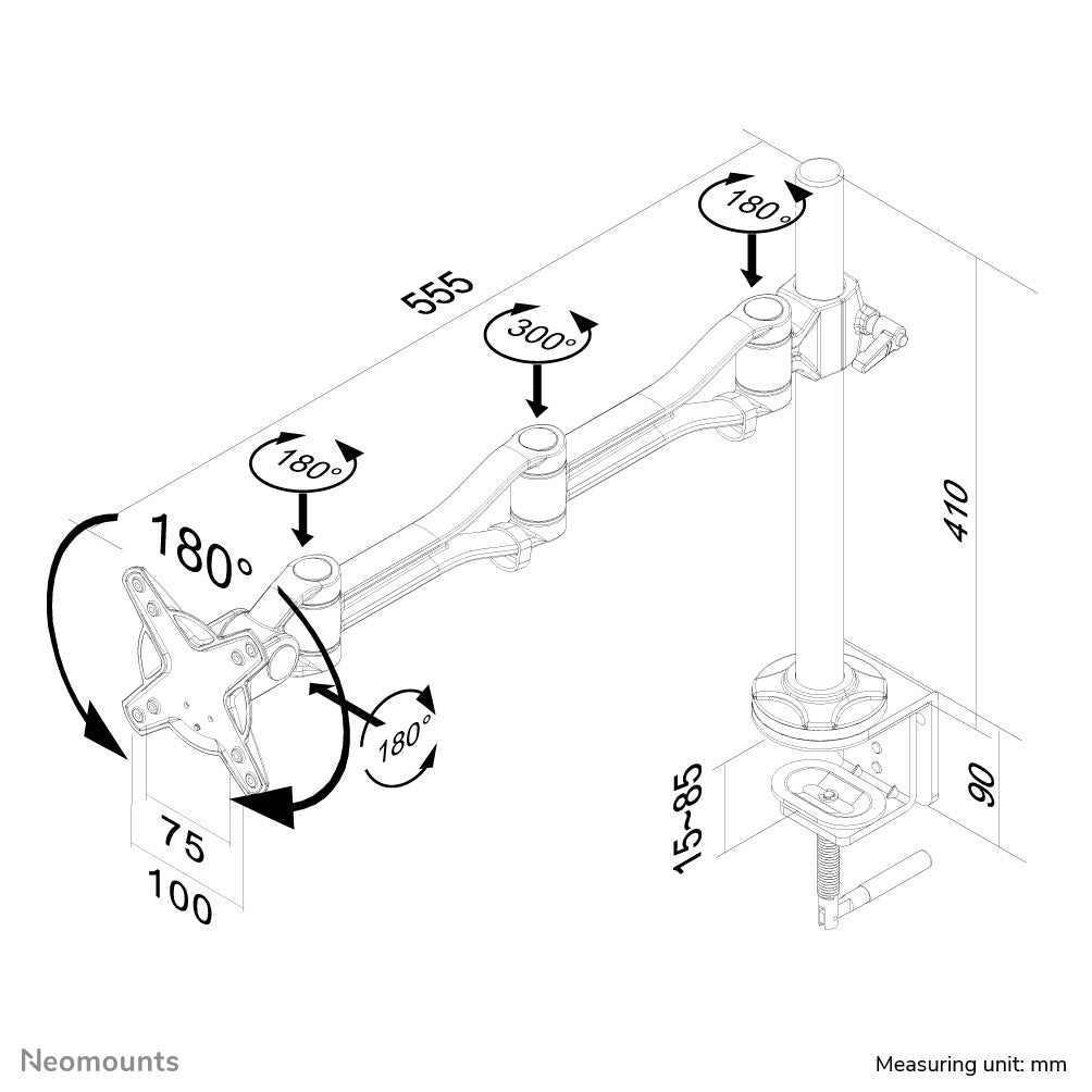 Neomounts FPMA D1030 – Tischhalterung, Tischklemme, bis 30", 10 kg, höhenverstellbar, silber