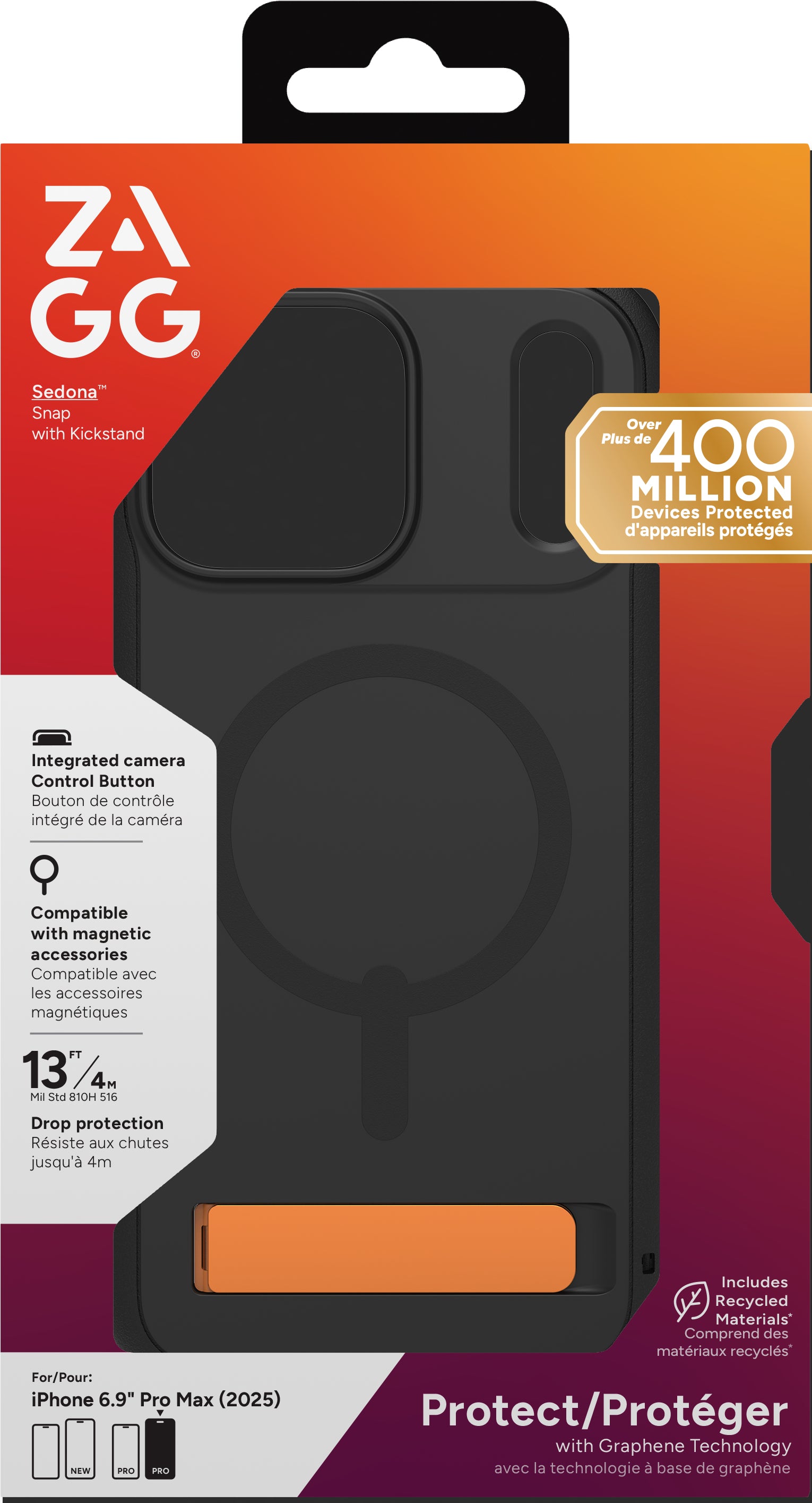ZAGG Sedona Snap Backcover – für Apple iPhone 17 Pro Max, mit Ständer, Graphen, Schwarz, bis 4 m Sturzsicher