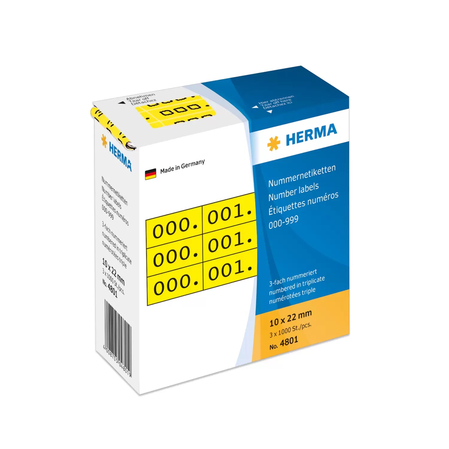 HERMA Nummernetiketten – rechteckig 10 × 22 mm, permanent, gelb/schwarz, Papier, 3 Rollen (3'000 Stk.)