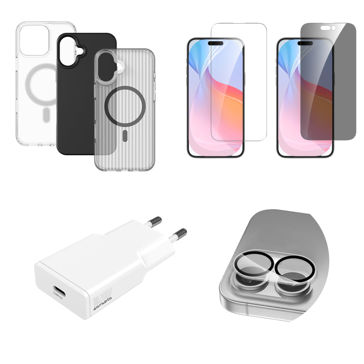 4smarts Backcover – für Apple iPhone 16, TPU, Transparent, inkl. 3 Hüllen, 3 Displayschutzfolien und Ladegerät