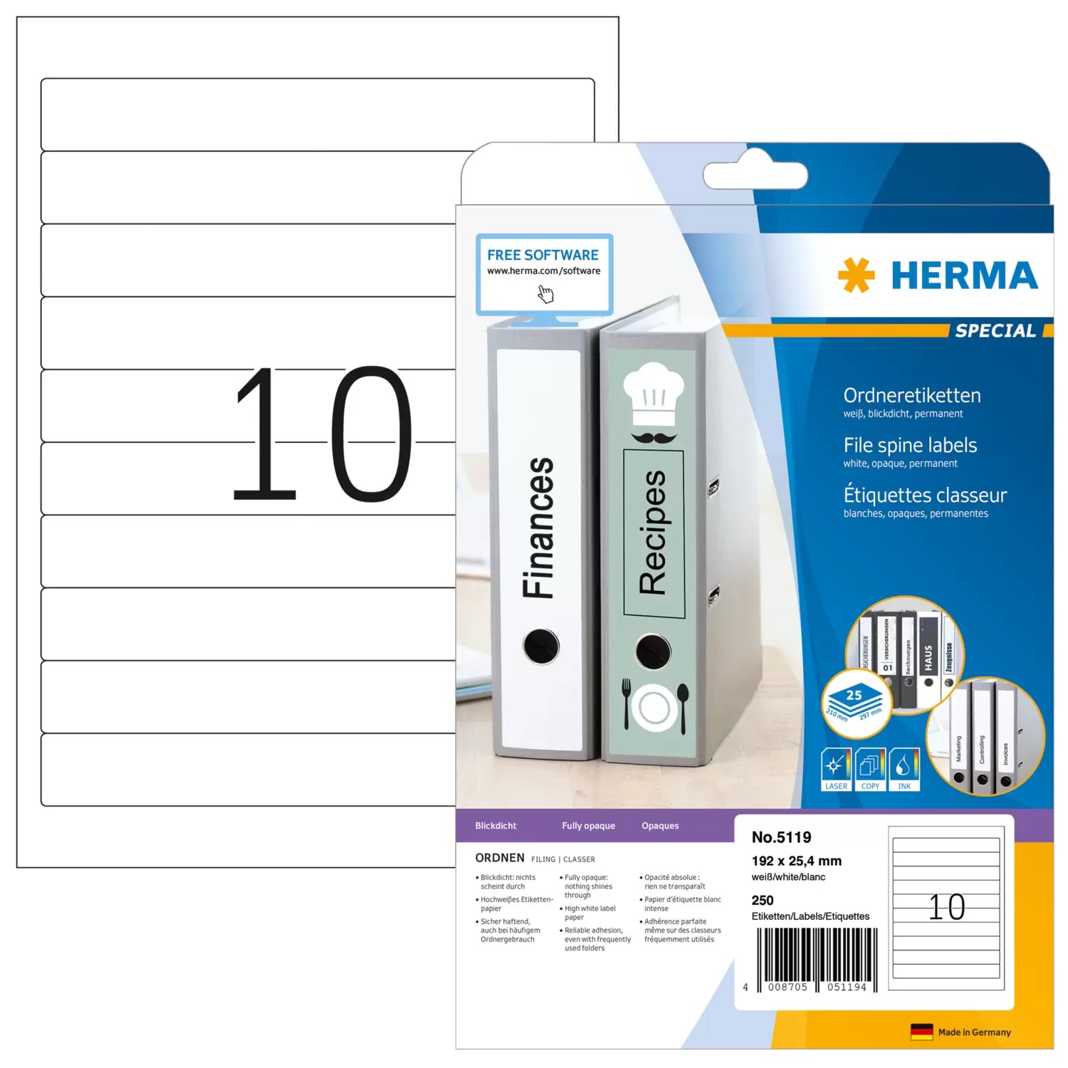 HERMA Ordneretiketten, 192 mm × 25 mm, weiss, Papier, permanent, 25 Blatt (250 Etiketten)