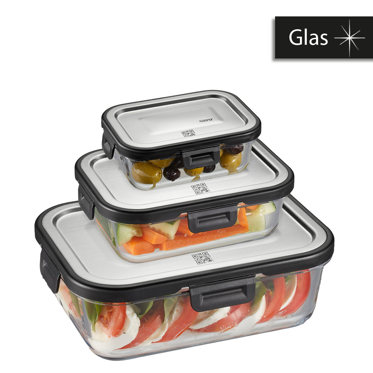 GEFU 3-teiliges Vorratsdosen-Set, 400 ml/600 ml/1 l, Glas (Borosilikat)/Silikon, transparent