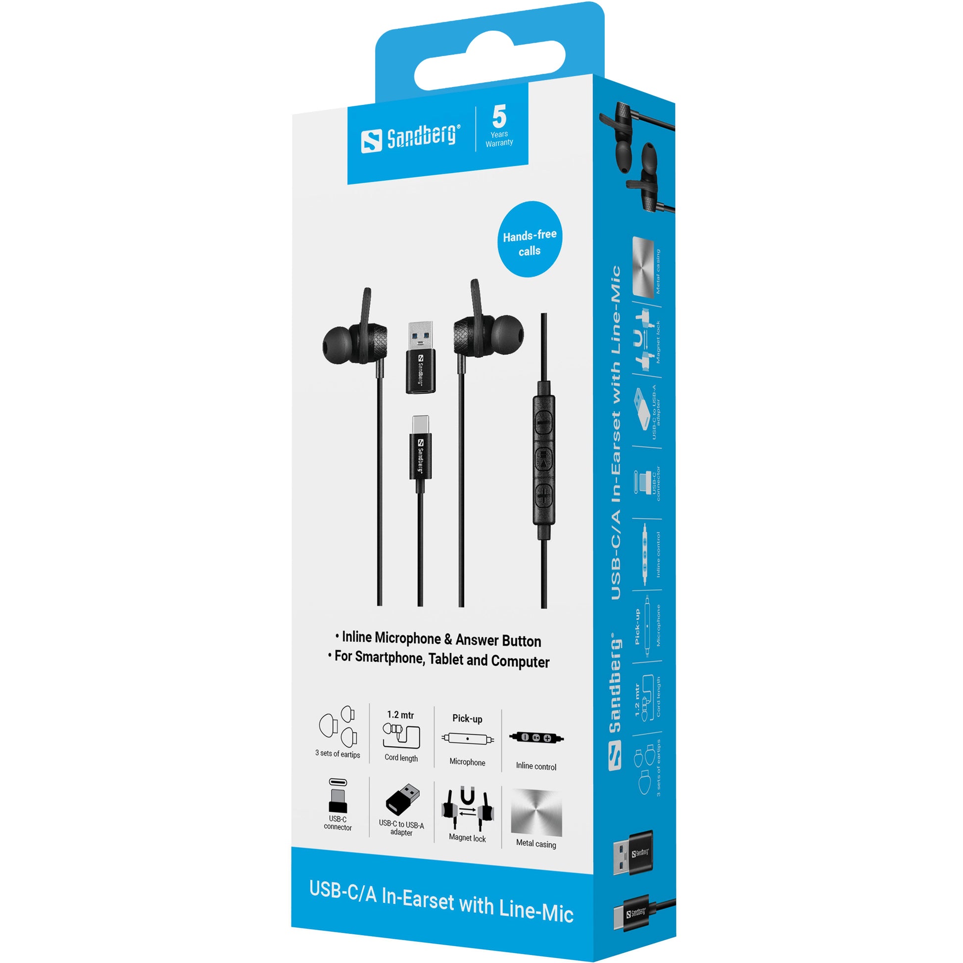 Sandberg In-Ear Kopfhörer – Stereo, Kabel, USB-C/USB-A, mit In-Line-Mikrofon, mit USB-Adapter, Schwarz
