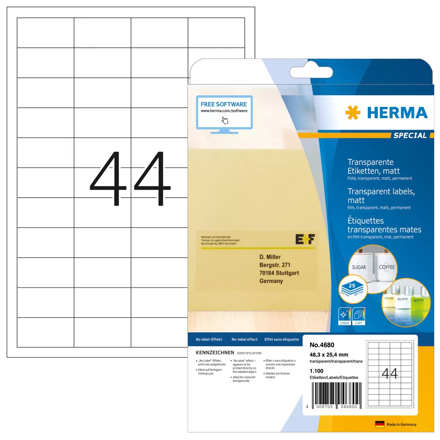 HERMA Etiketten (Bogen), 48,3 mm × 25,4 mm, transparent, Folie, permanent, 1100 Etiketten (25 Blatt)