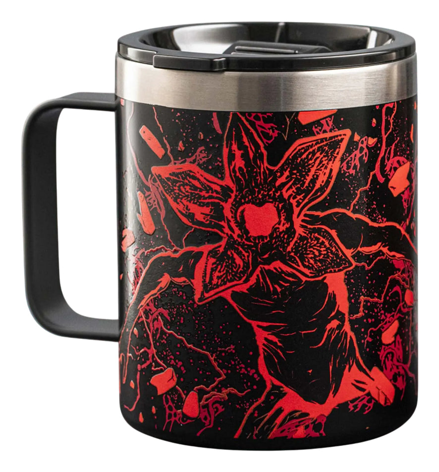 Bialetti Stranger Things Thermobecher 420 ml – doppelwandig, Edelstahl, mit Griff, schwarz/rot