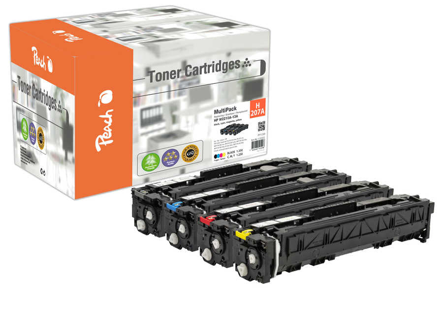 Peach Toner-Multipack 207A – BK/C/M/Y, schwarz 1350, C/M/Y 1250 Seiten – für HP M255dw/M255nw/M282nw u. a.
