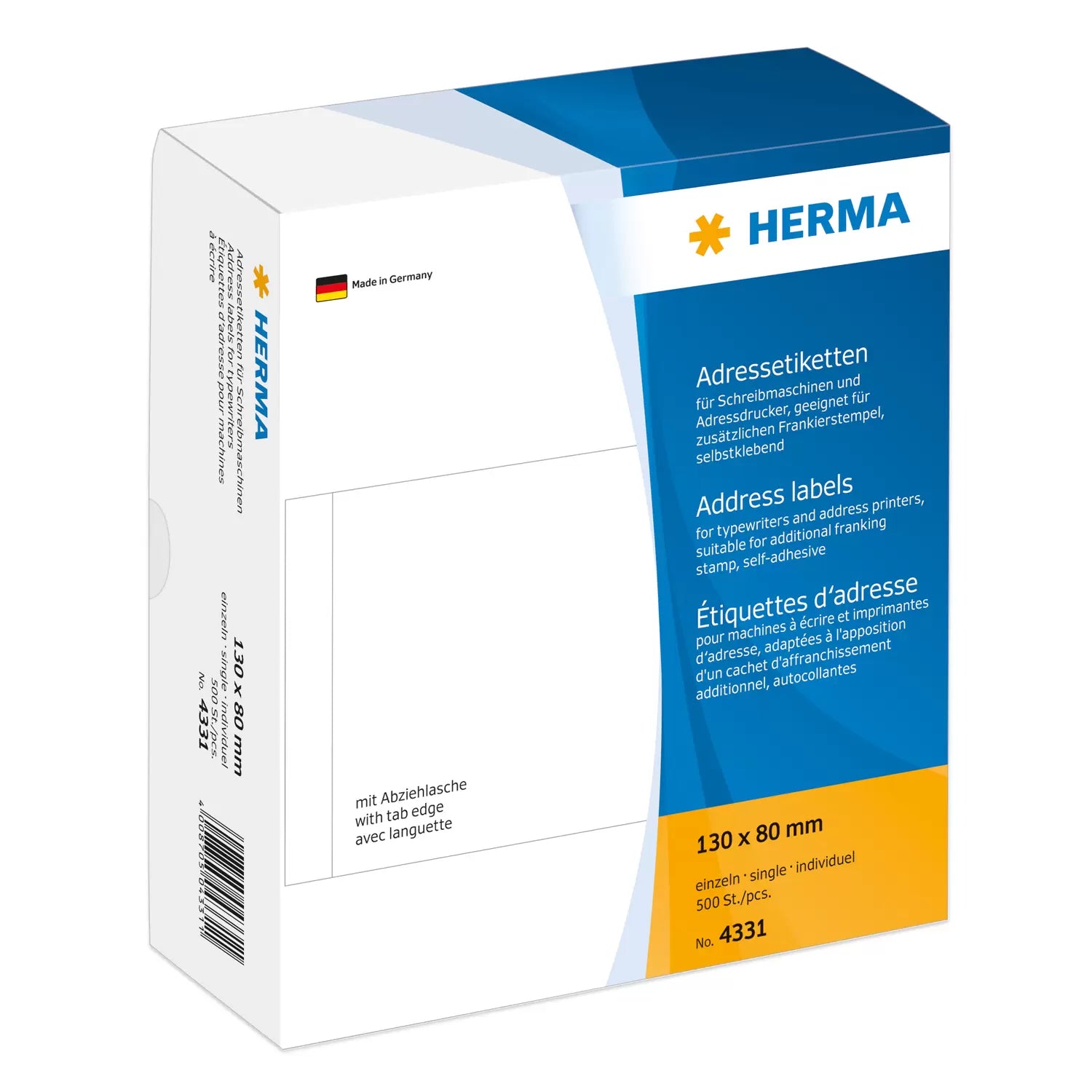 HERMA Adressetiketten, 130 mm × 80 mm, weiss, für Schreibmaschinen und Adressendrucker, 500 Etiketten