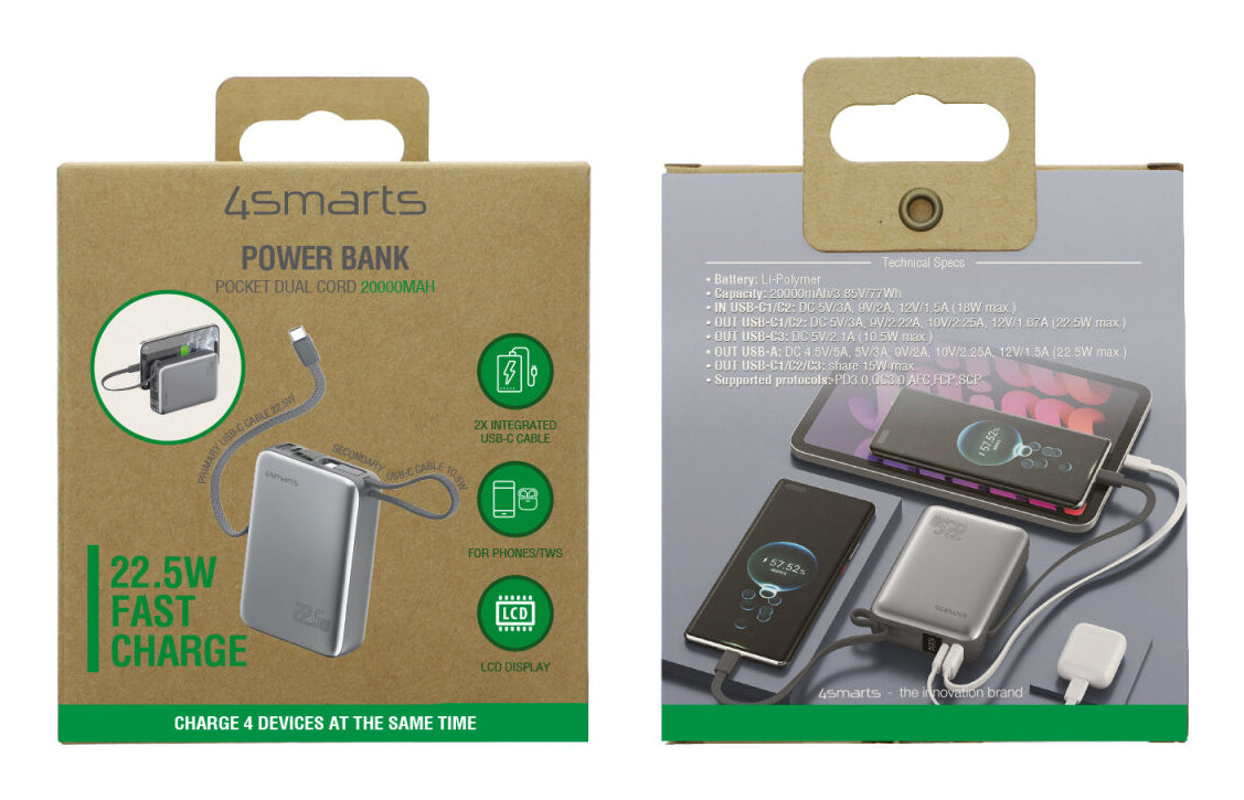 4smarts Powerbank 20000 mAh, PD 22,5 W, für Smartphones, Grau