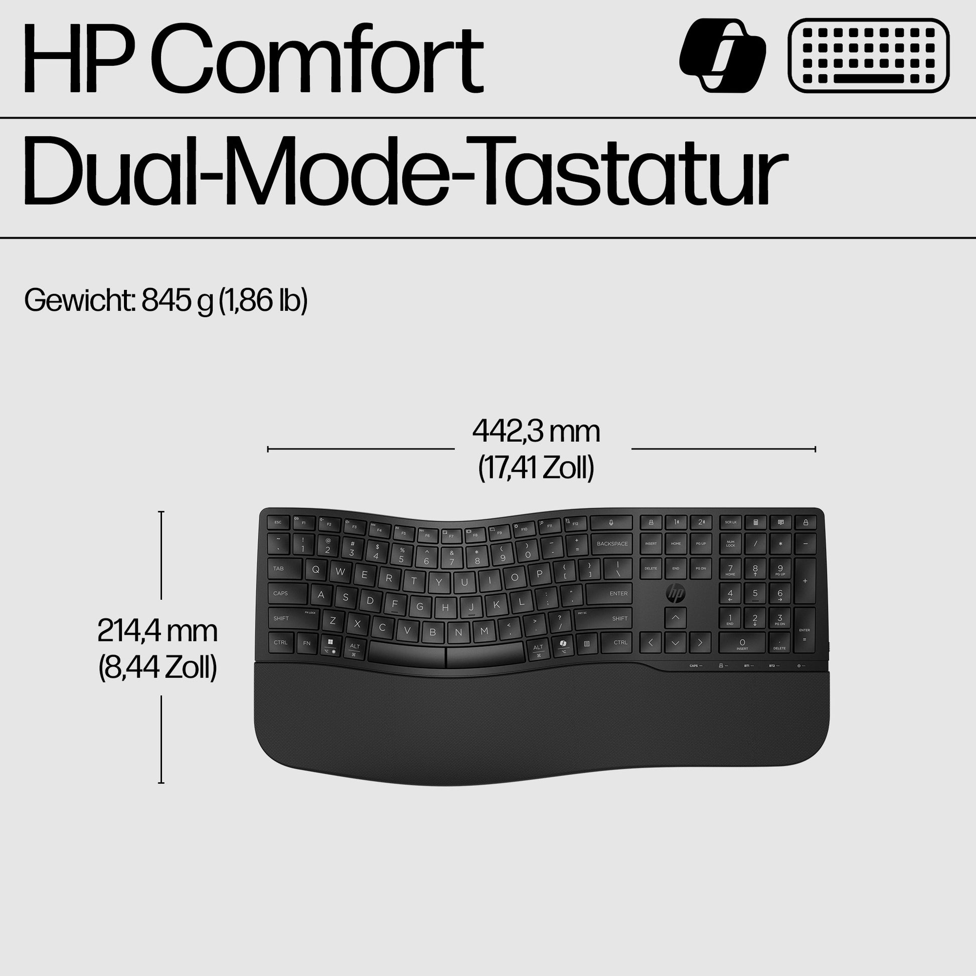 HP 685 Comfort – Tastatur – Membran – Bluetooth & 2,4 GHz – mit Handballenauflage – Schwarz
