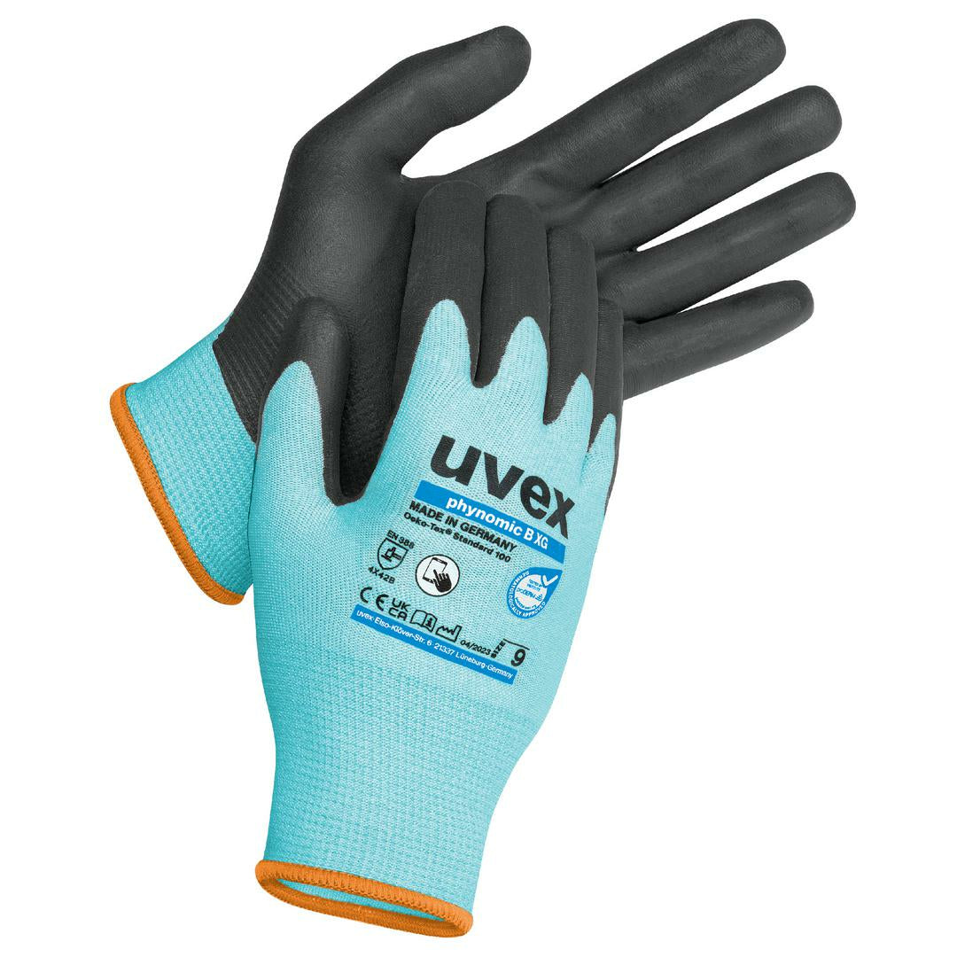 Uvex Arbeitshandschuhe, phynomic B XG – Grösse 12, 10 Stück – EN 388:4X42B, Schwarz/Blau