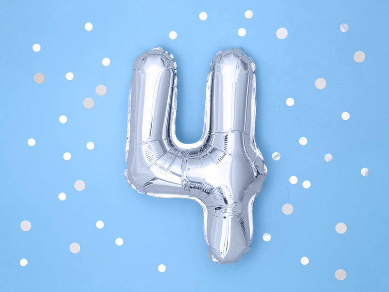 PartyDeco Folienballon Zahl 4 – Silber – 35 cm – Folie – 1 Stück – Auch mit Helium befüllbar