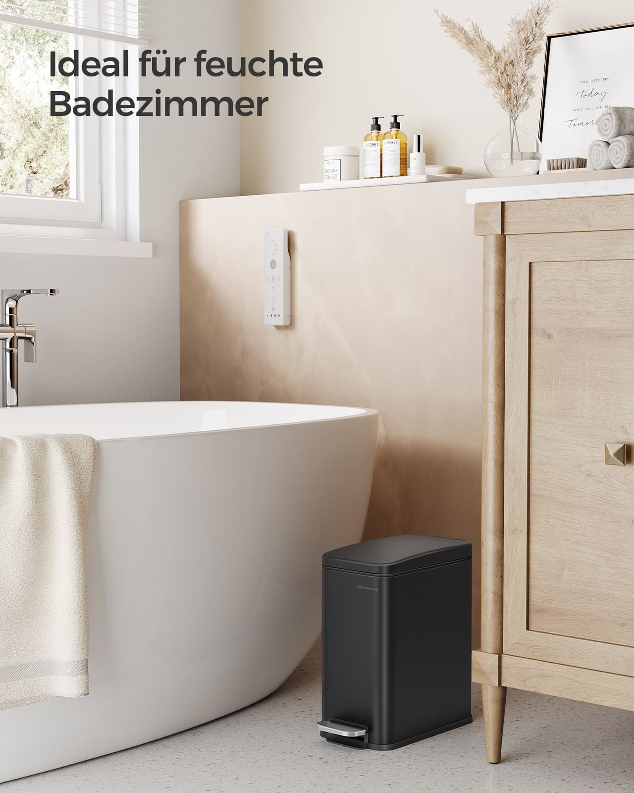 Songmics Tisch-Abfallbehälter – 5 l, mit Deckel, Stahl, schwarz – B × H × T 144 × 290 × 299 mm