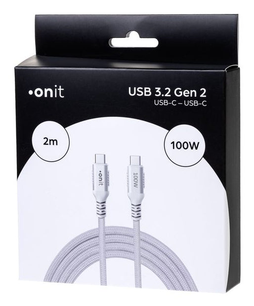 ONIT USB-C auf USB-C Kabel – USB 3.2 Gen 2 (10 Gbit/s) – 2 m – PD 100 W – Textilmantel – Weiss
