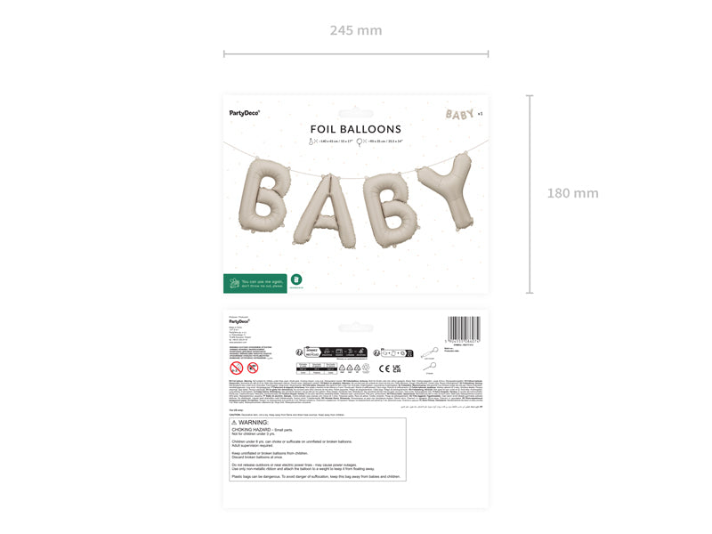 PartyDeco Folienballon Baby – beige – 90 × 35 cm – 1 Stk