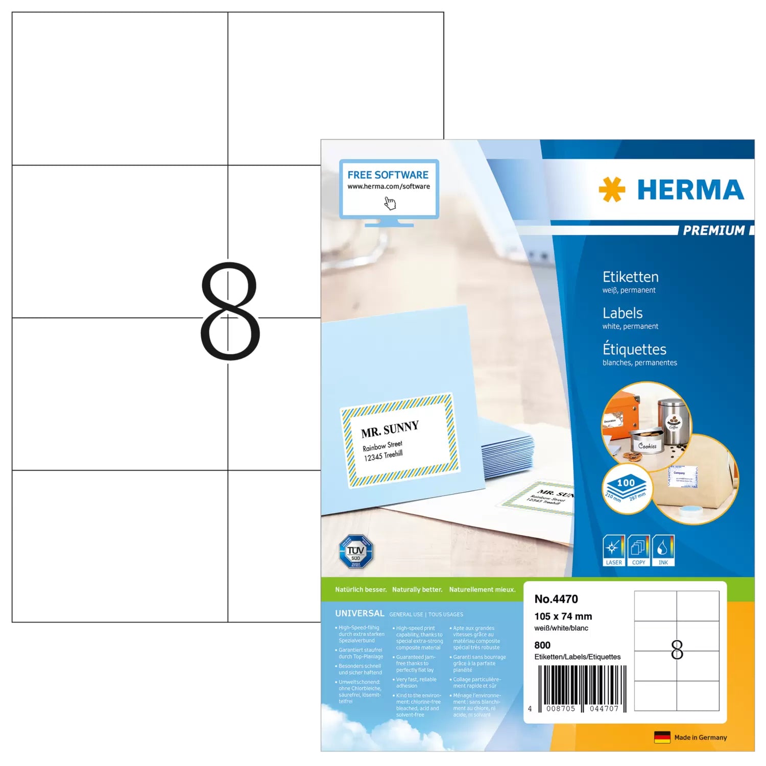 HERMA Etiketten, 105 mm × 74 mm, weiss, Papier, permanent, 800 Etiketten (100 Blatt)