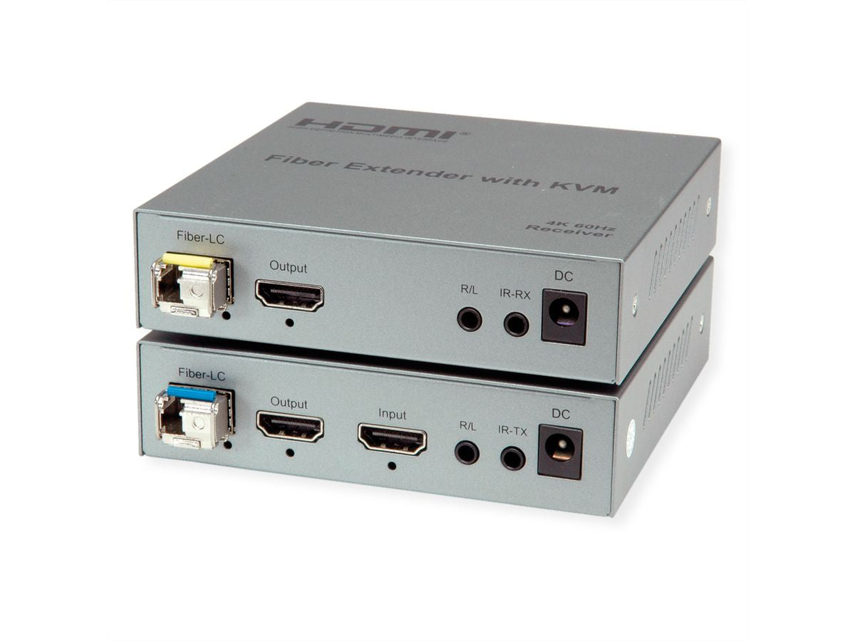 ROLINE KVM-Extender über LWL – 4K (3840 × 2160) @ 60 Hz, HDMI, USB, bis 20 km, 2× SFP, IR/RS-232 – Silber