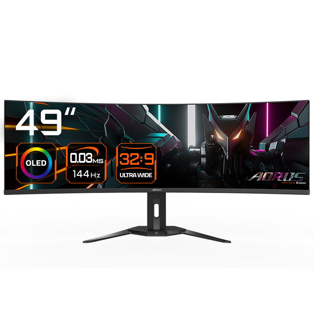 GIGABYTE AORUS CO49DQ – Monitor, 49" 5120 × 1440 (DQHD), OLED, 144 Hz, 250 cd/m², KVM, VESA 100 × 100, Schwarz