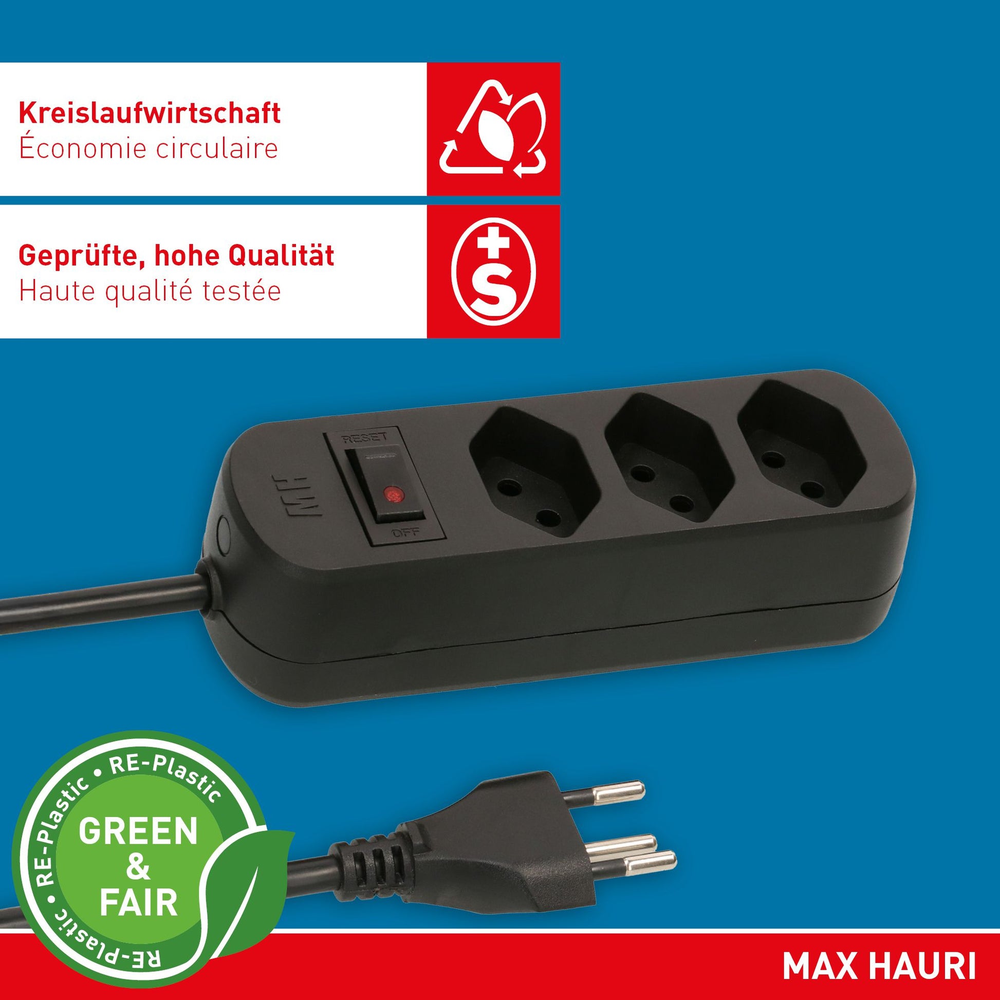 Max Hauri AG Max Hauri Basic Line – Steckdosenleiste, 3× T13, mit Schalter, 1,5 m, Stecker T12, IP20