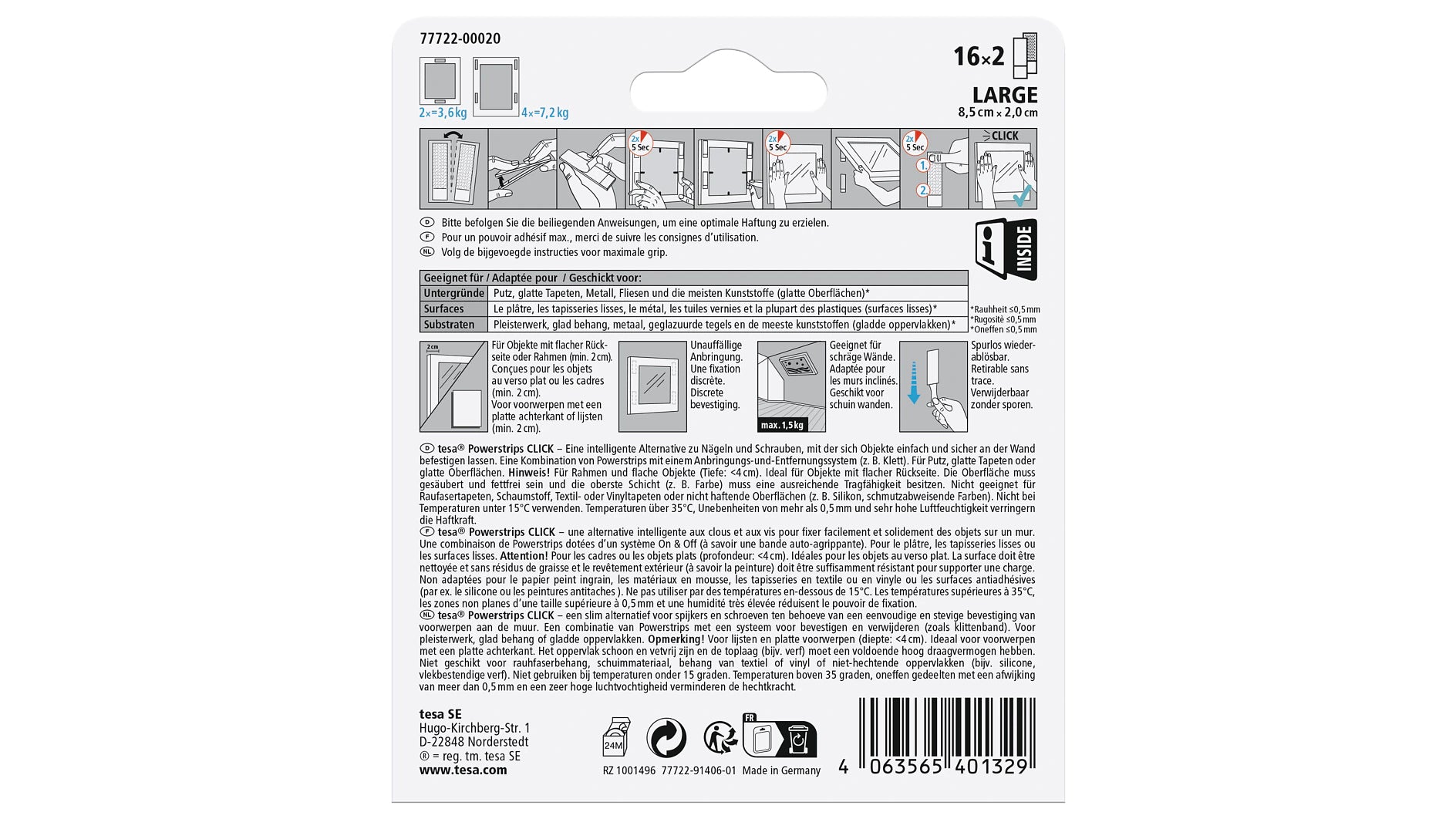 TESA Powerstrips CLICK Montagepad – 20 × 85 mm, weiss, bis 7,2 kg, 32 Stk.