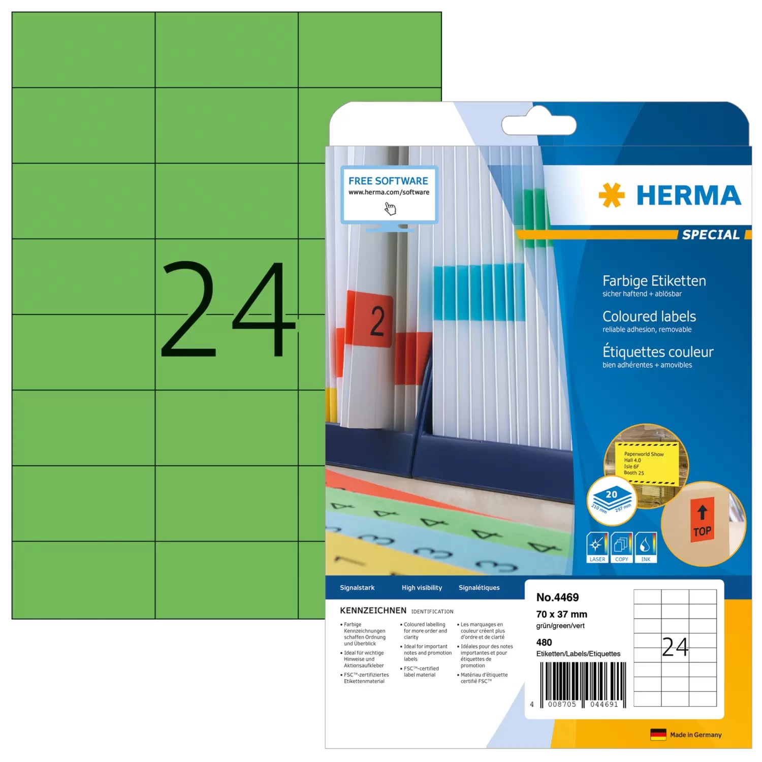 HERMA Selbstklebende Etiketten, 70 mm × 37 mm, Grün, Papier, Wiederablösbar, 20 Blätter (480 Etiketten)