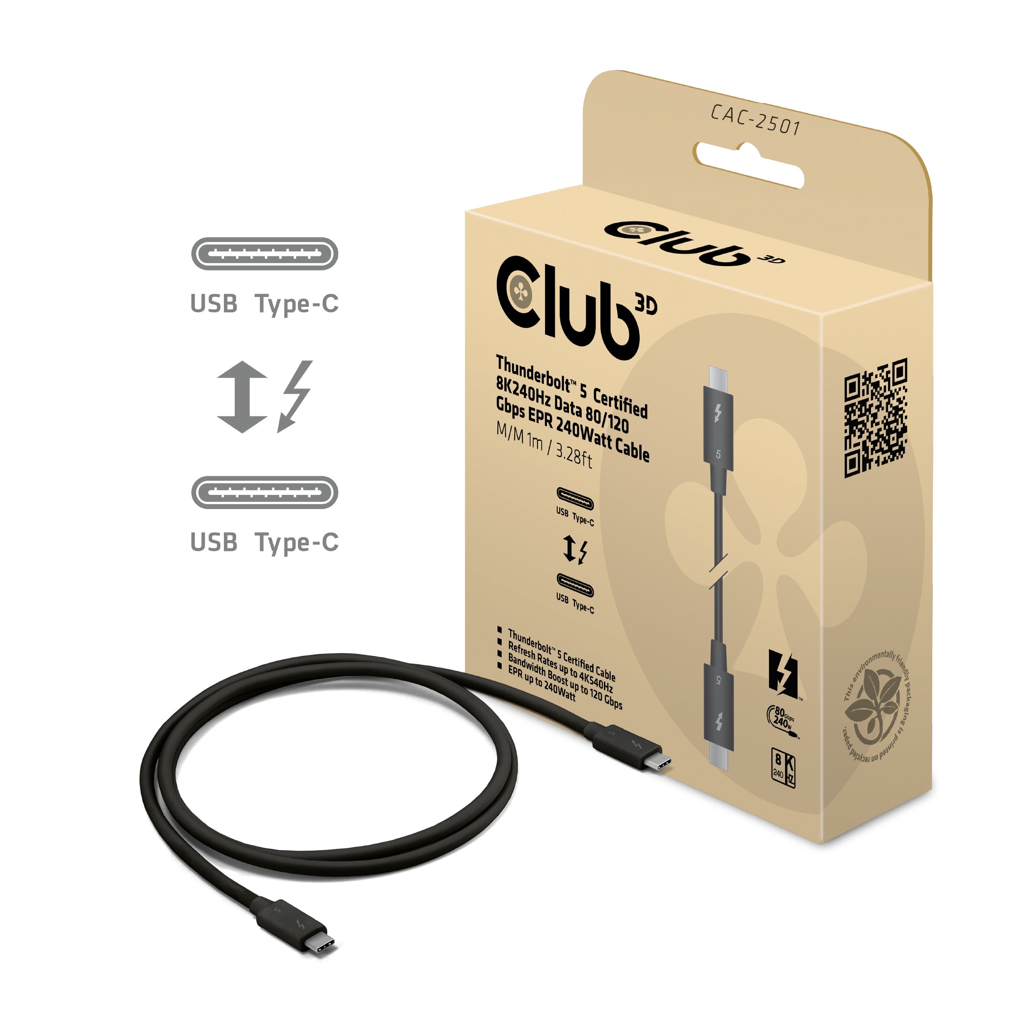 CLUB3D USB-C-zu-USB-C Anschlusskabel – 1 m, Thunderbolt 5, 120 Gbit/s, 240 W, Schwarz