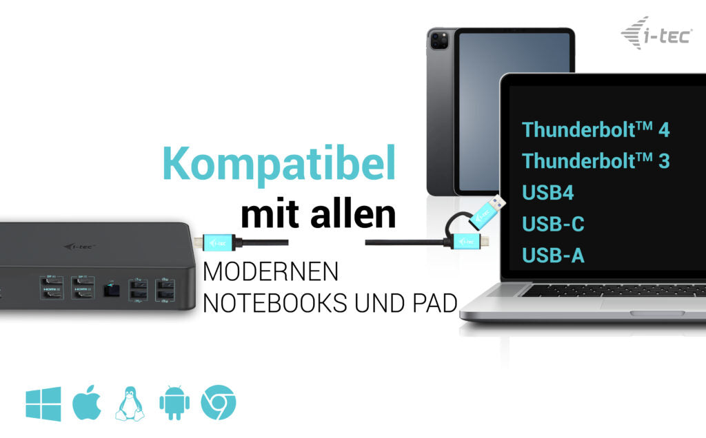 i-tec Dockingstation – USB-C, 2× DP, 2× HDMI, 5× USB-A, 100 W PD, GbE, für Windows/Mac