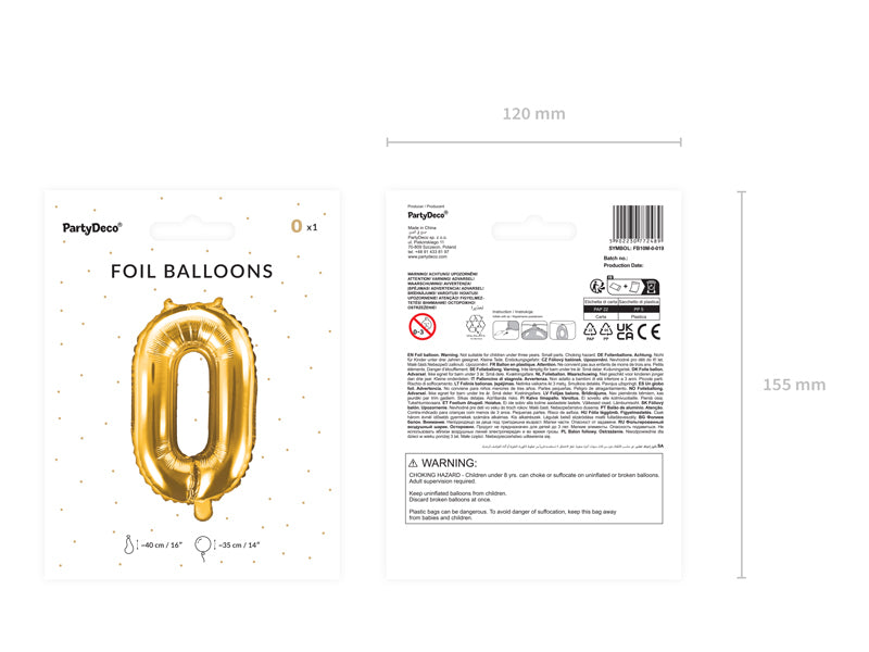 PartyDeco Folienballon Zahl 0 – Gold – 35 cm – Folie – 1 Stk