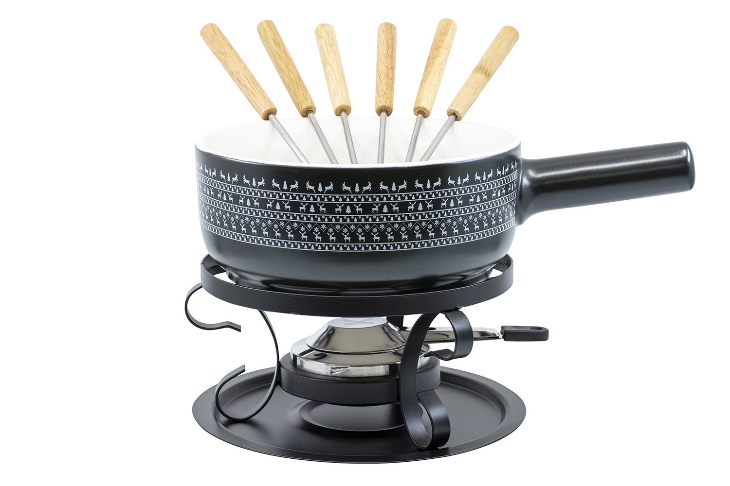 Kadastar Fondue-Set – Ø 22 cm, Steingut/Holz, für Käsefondue, Glaskeramik, Schwarz, 6 Personen, 9 Teile