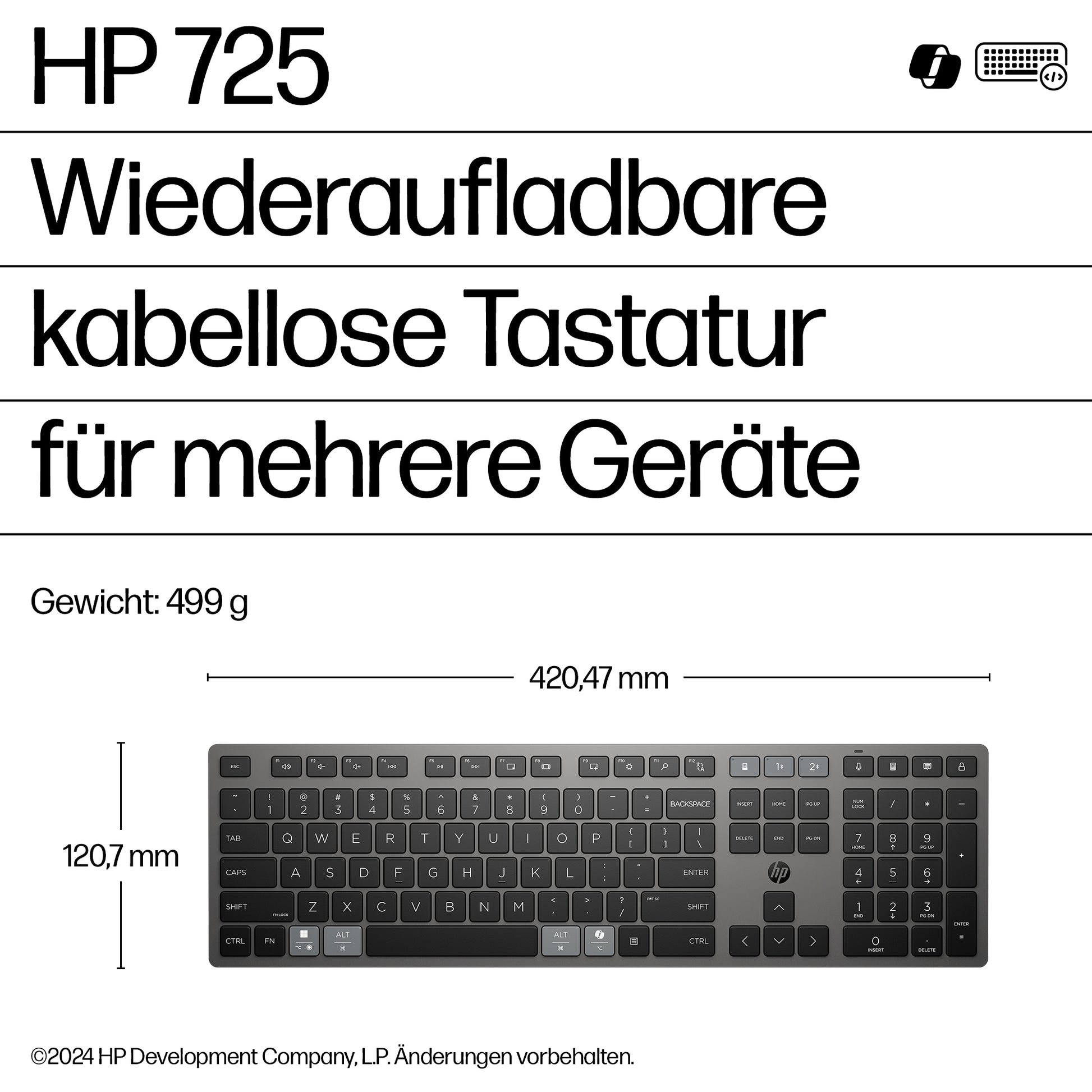HP 725 – Tastatur – Bluetooth & 2,4 GHz (USB-A Empfänger) – Grau
