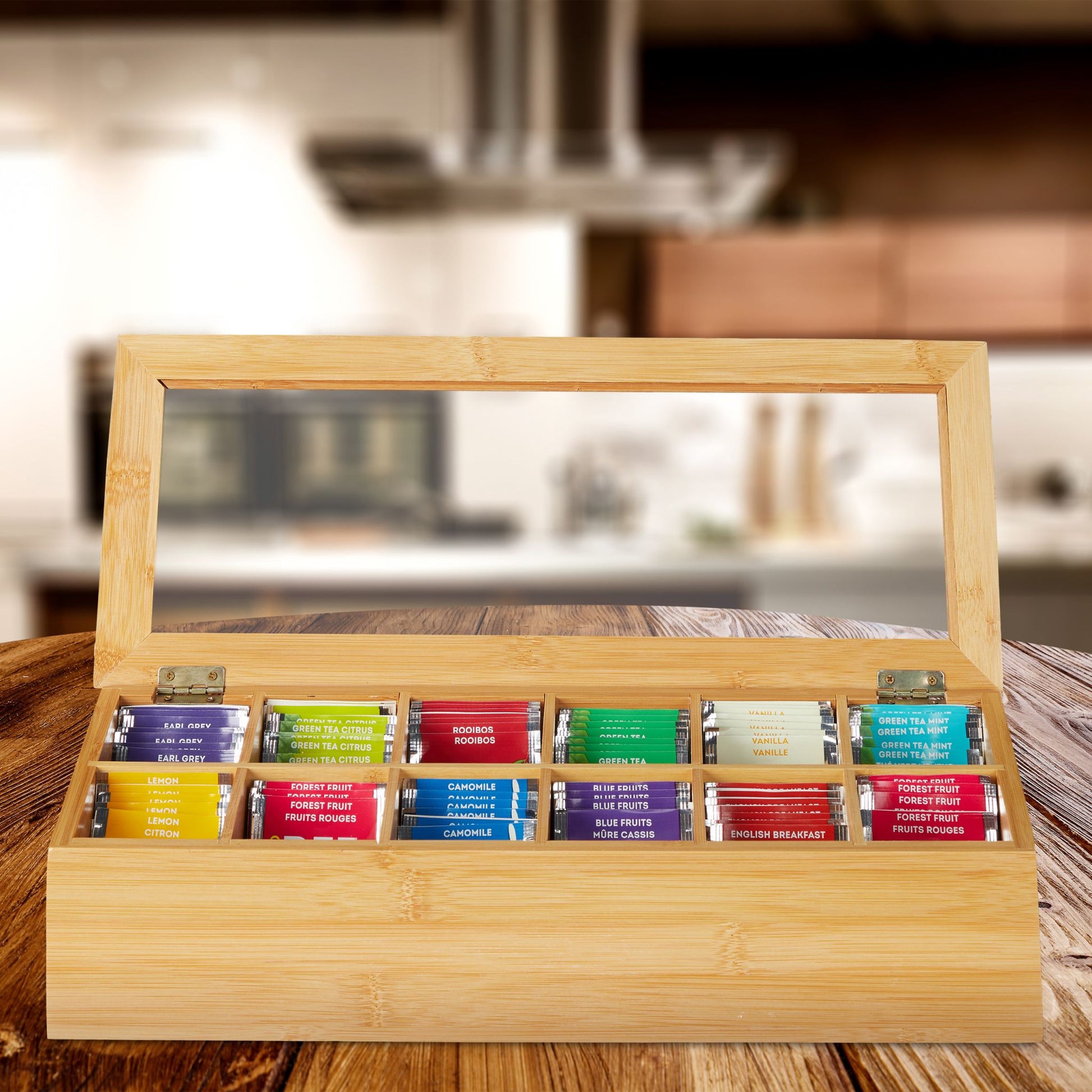 Relaxdays Teebeutelbox Bambus/Kunststoff, 12 Fächer, 41 × 16 × 9 cm, Hellbraun