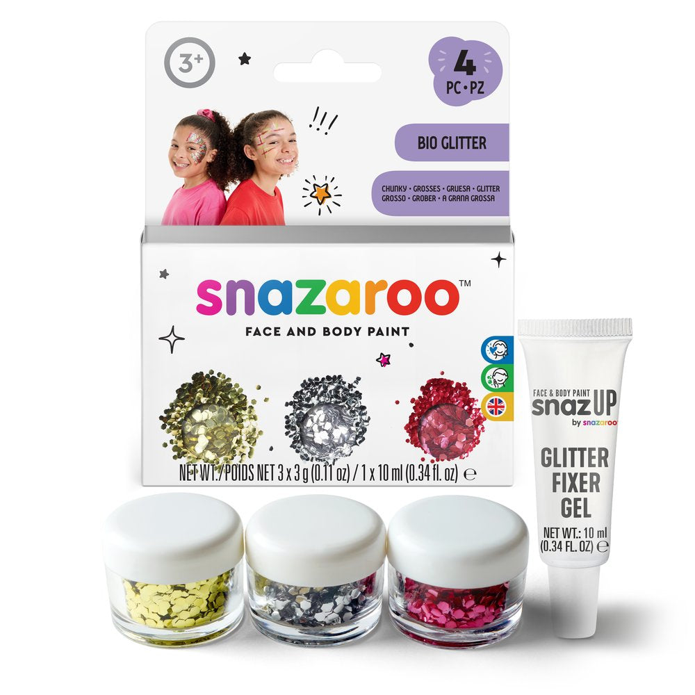 Snazaroo Glitzer-Set Grob – 3 Stk – Gold, Rot, Silber – für sensible Haut