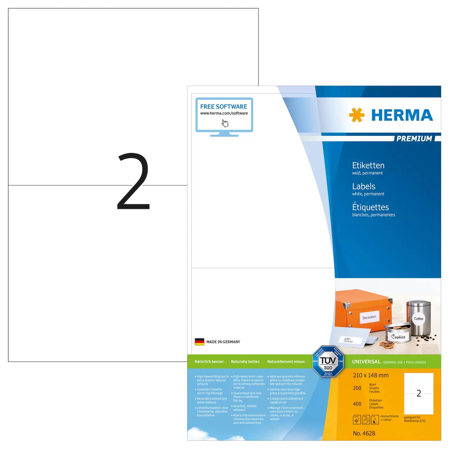 HERMA Druckeretiketten, 210 mm × 148 mm, weiss, Papier, permanent, 200 Blatt (400 Etiketten)