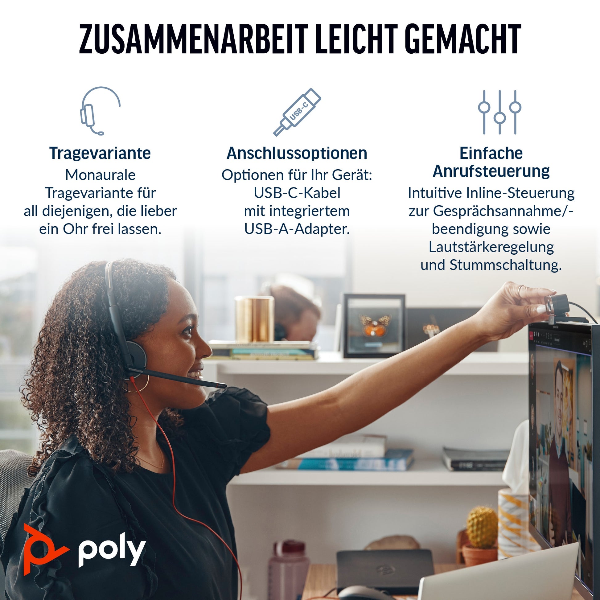 Poly Blackwire 3210 Office-Headset – On-Ear, Mono, USB-C (inkl. USB-C/USB-A-Adapter), Schwarz