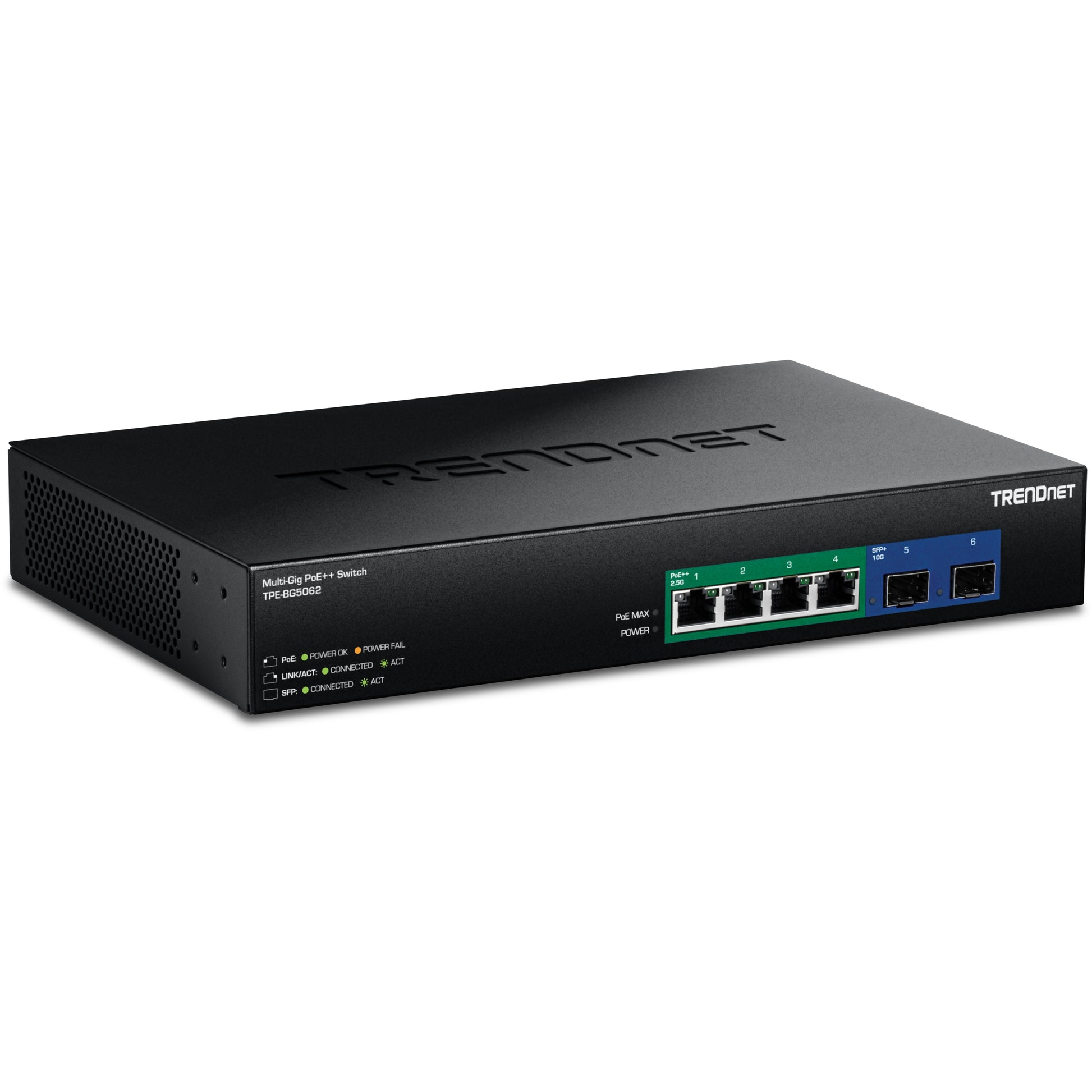 TRENDnet TPE-BG5062 – Unmanaged Switch – 4× 2.5G, 2× SFP+, PoE++, PoE-Budget 240 W, 19"