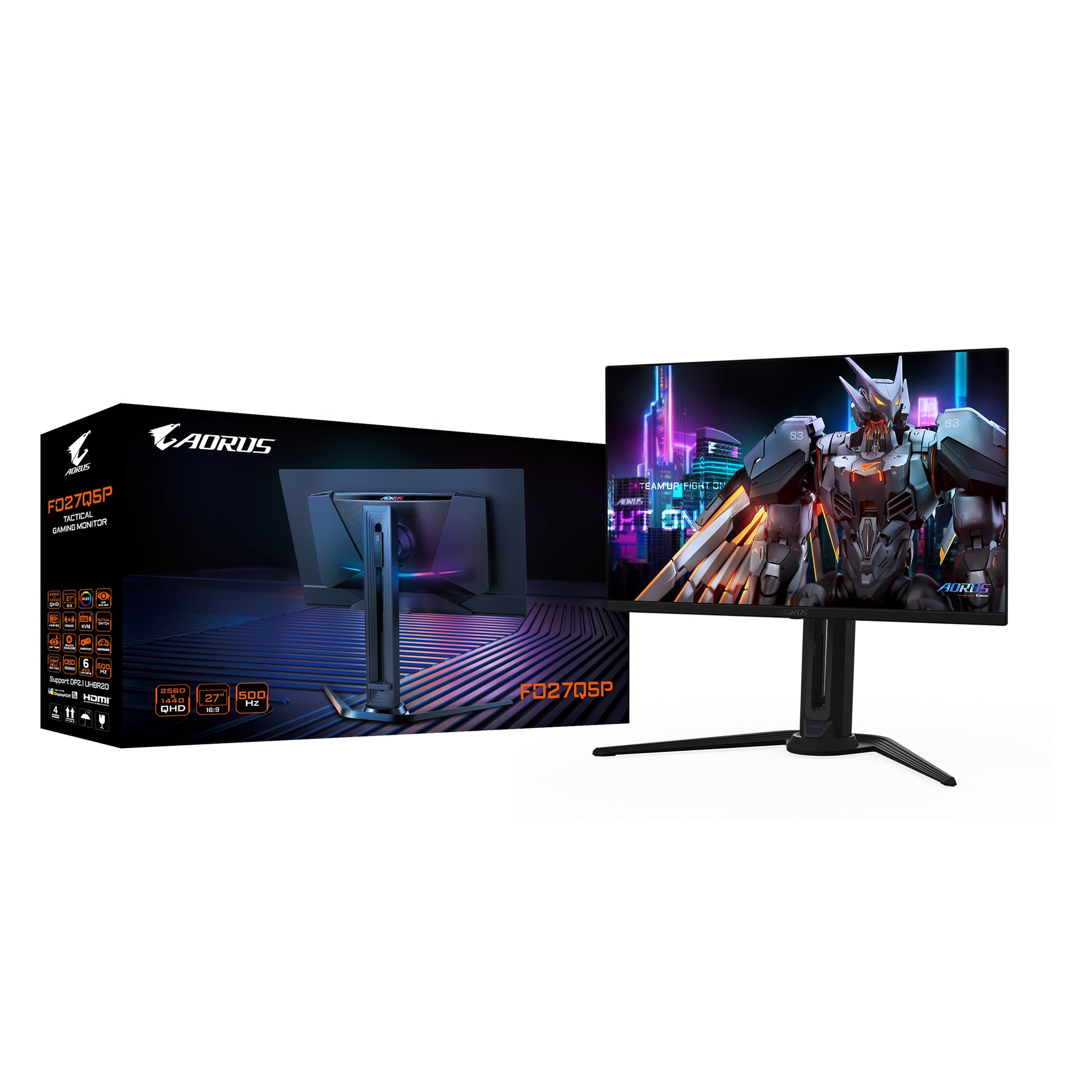 GIGABYTE AORUS FO27Q5P – 27", 2560 × 1440 (WQHD), OLED, 500 Hz, USB-C 18 W, KVM, DisplayHDR True Black 500