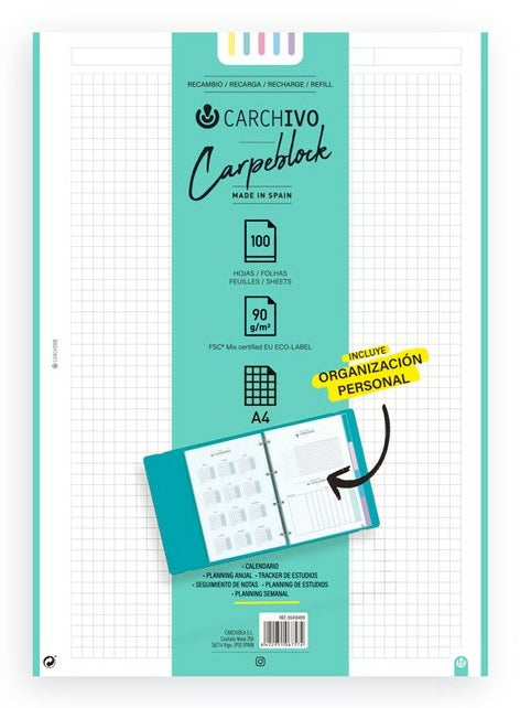Carchivo Notizbuch-Einlagen A4, 5 mm kariert, 4-fach gelocht, 90 g/m², für Carpeblock 360 – 100 Blatt