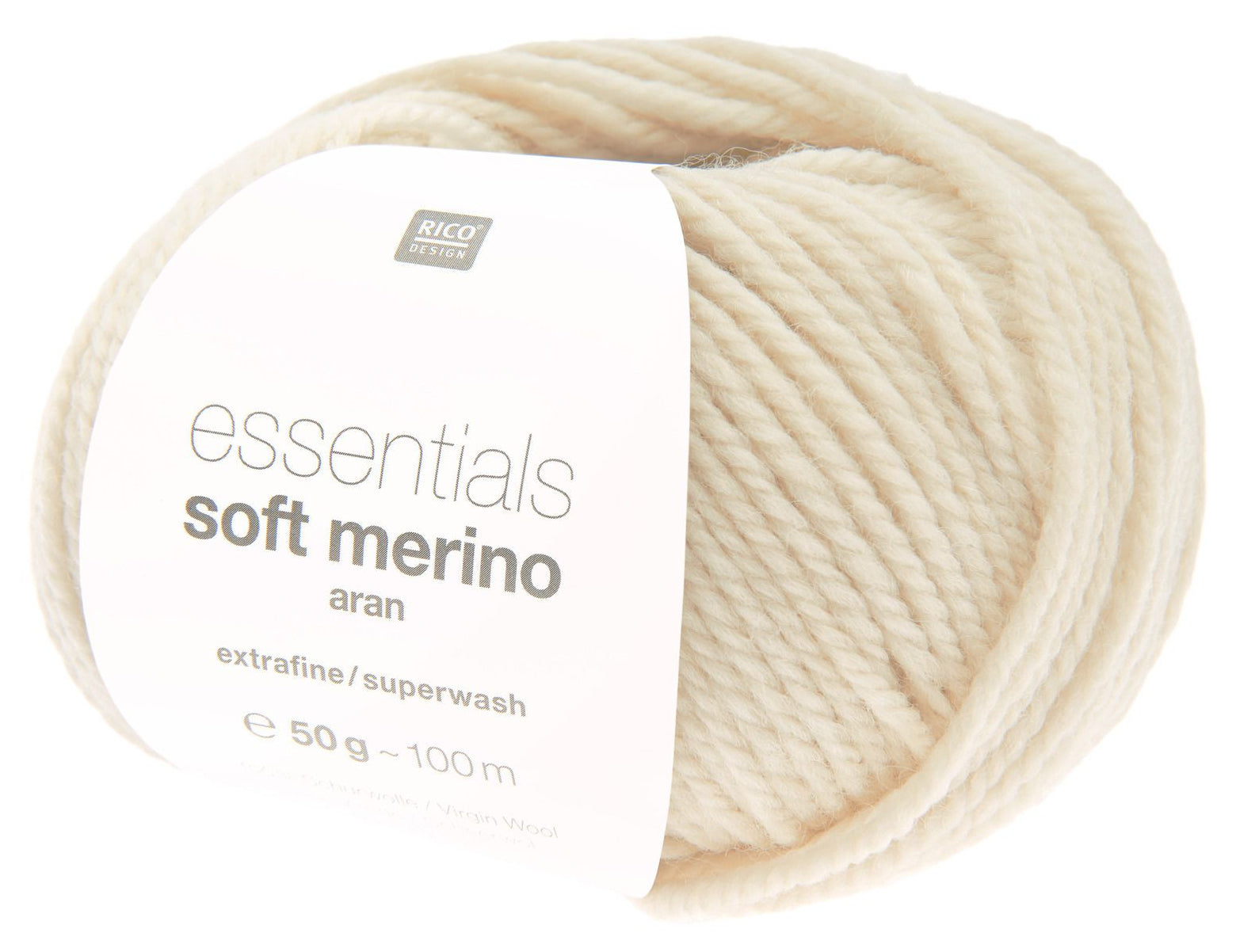 Rico Design Essentials Soft Merino Aran Wolle Creme – 50 g, 100 m, Nadel 5 mm, 100% Schurwolle (superwash)