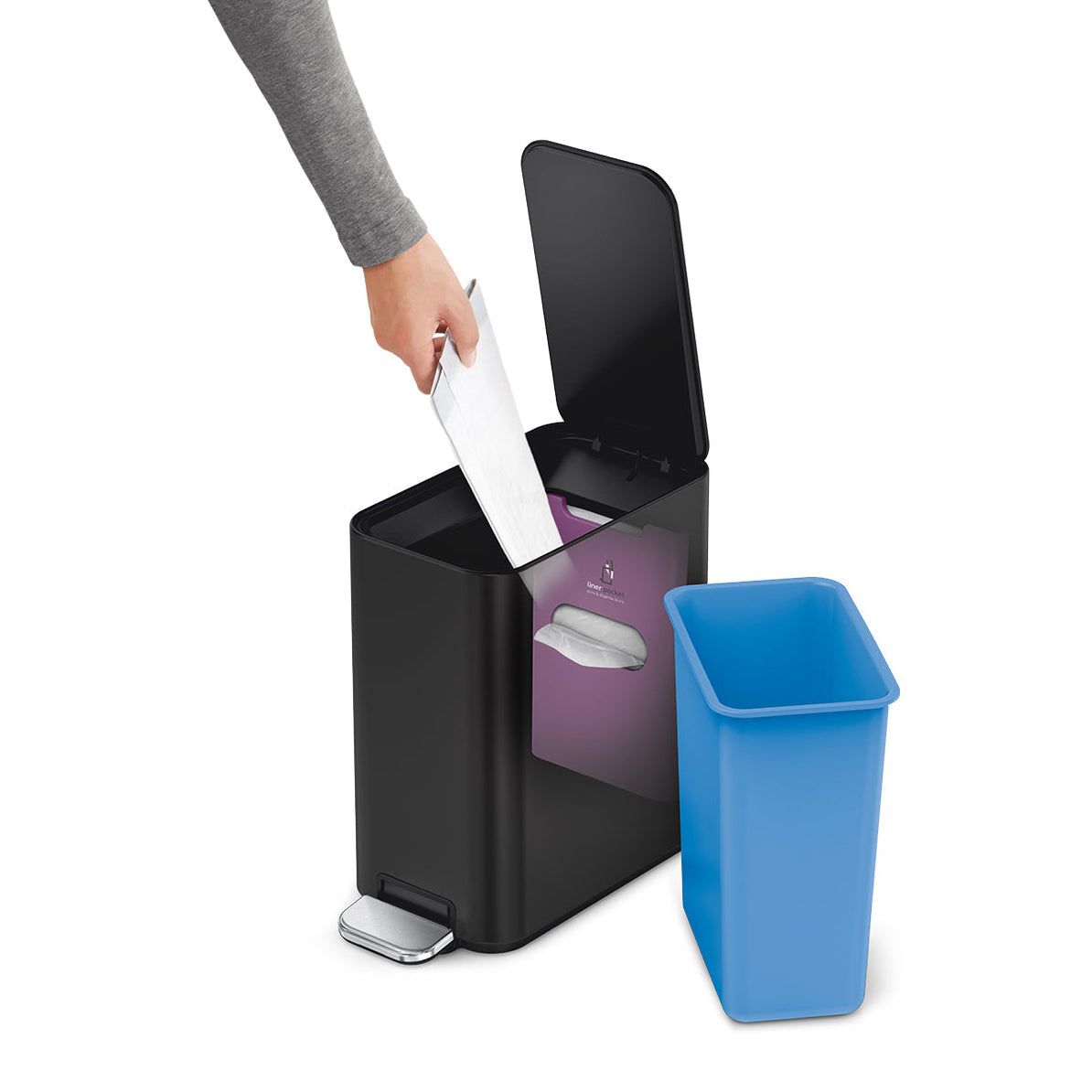 simplehuman Papierkorb – 5 l, mit Deckel, Edelstahl, schwarz matt – B × H × T 157 × 310 × 320 mm