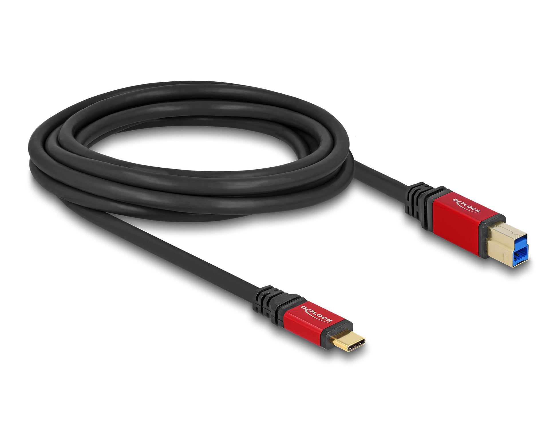 DeLOCK USB-C auf USB-B Kabel – USB 3.2 Gen 1 (5 Gbit/s) – 3 m – Goldstecker – Schwarz/Rot