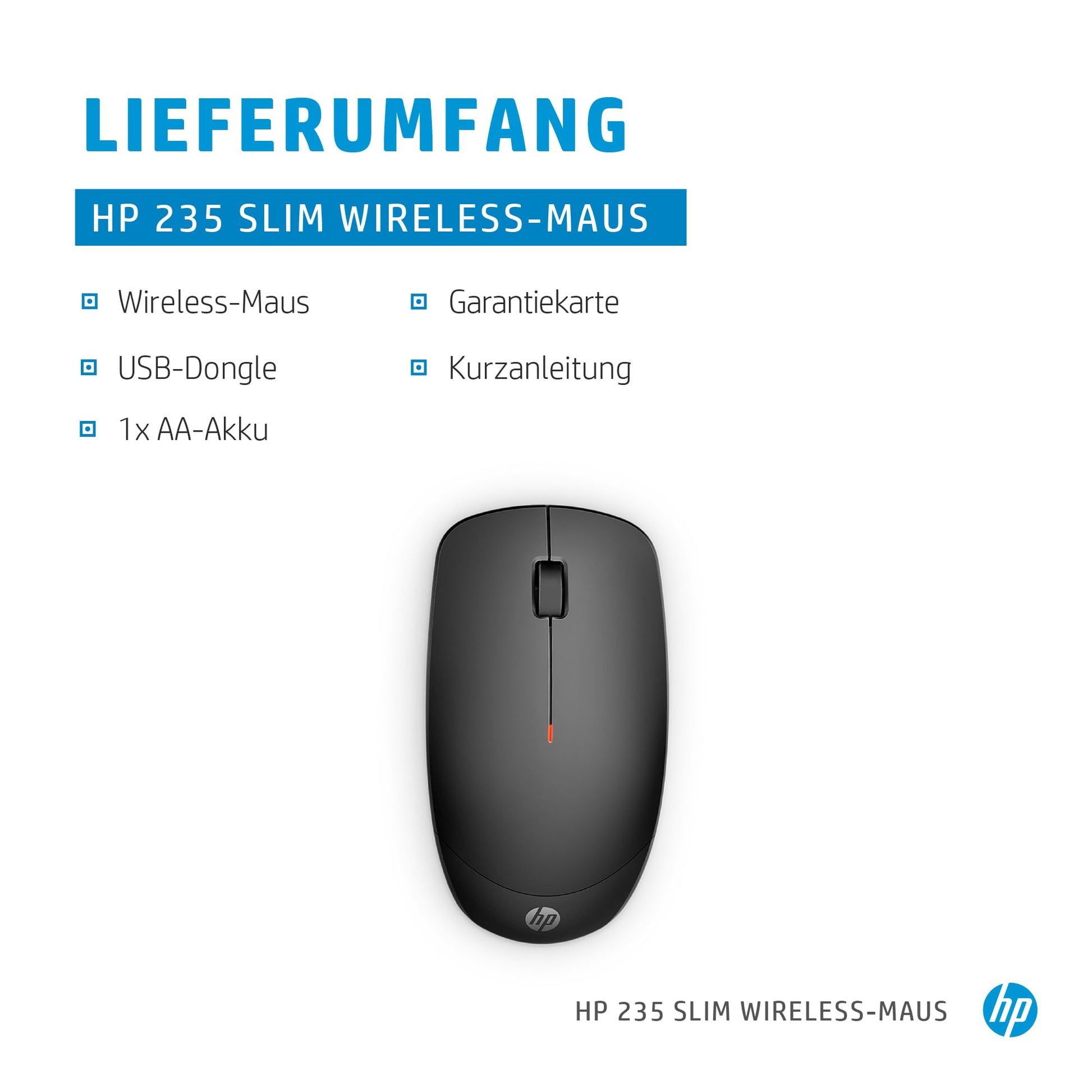 HP 235 Slim – Maus – Kabellos (2,4 GHz), 1600 DPI, beidhändig, Schwarz