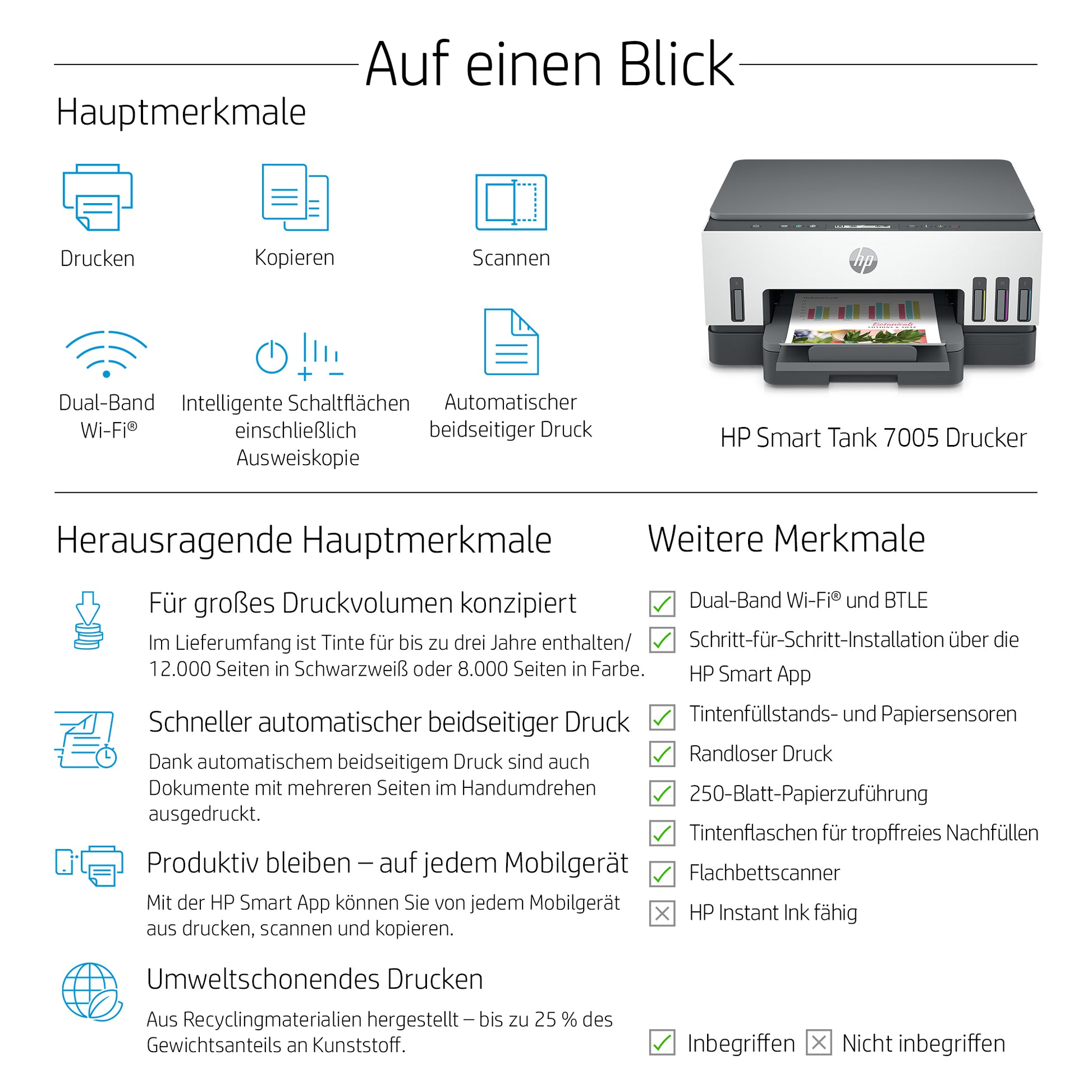 HP SMART TANK 7005 – Farbiger Tintenstrahl-MFP, 3-in-1 – 28 ppm S/W