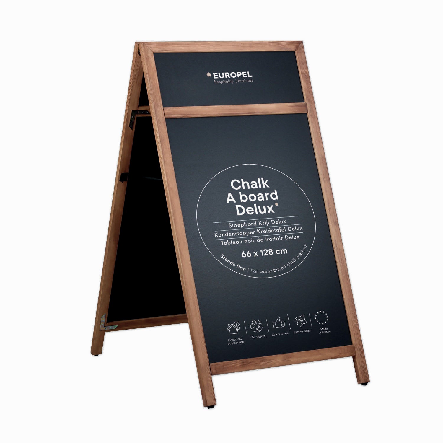 Europel Kundenstopper DELUXE – 660 × 1'280 mm – Holzrahmen natur, schwarz – doppelseitig, für Kreidemarker