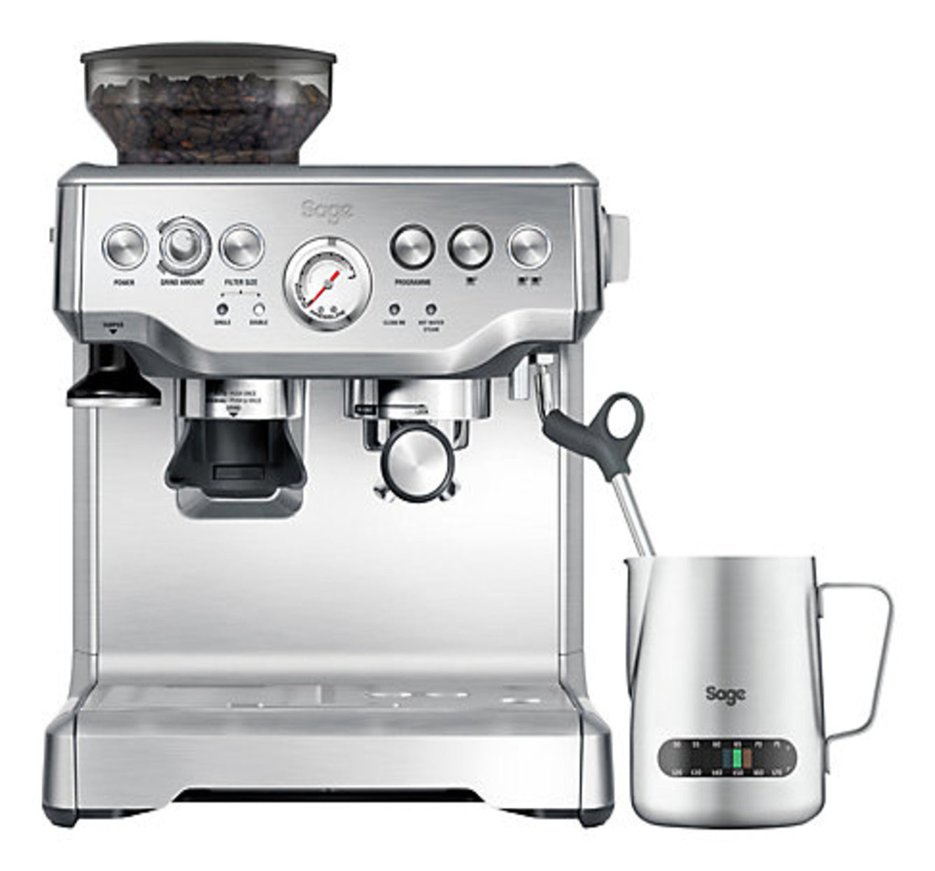 Sage Barista Express Espressomaschine (Siebträger) – 15 bar, 2 l, Milchaufschäumer, Silber