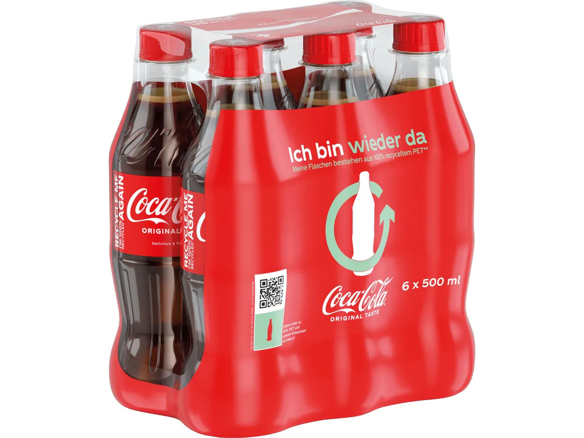 Coca-Cola Original Limonade, Cola, koffeinhaltig – 6 × 5 dl