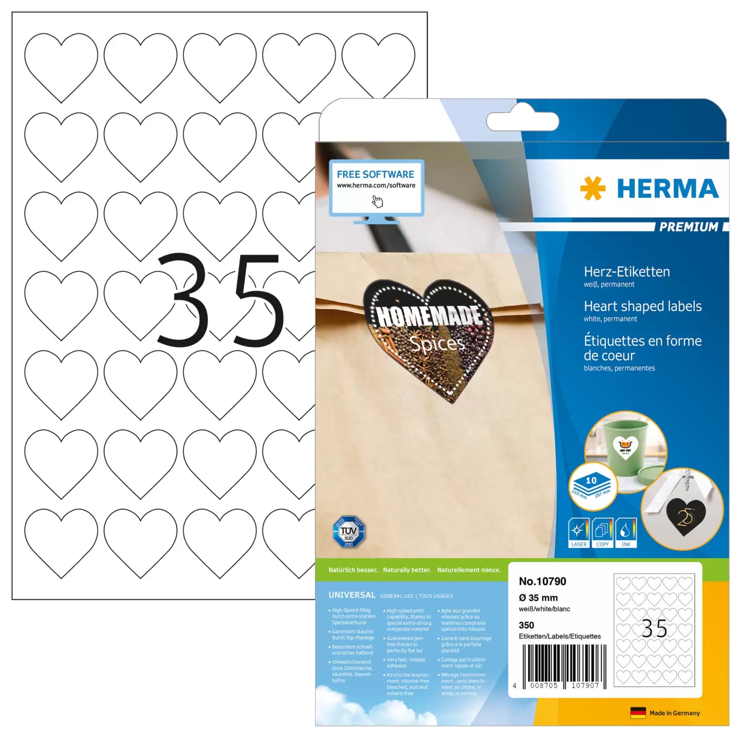 HERMA Herz-Etiketten A4 35 mm – Papier, matt, weiss – permanent haftend – Laser/Inkjet – 35 pro Blatt, 10 Blätter