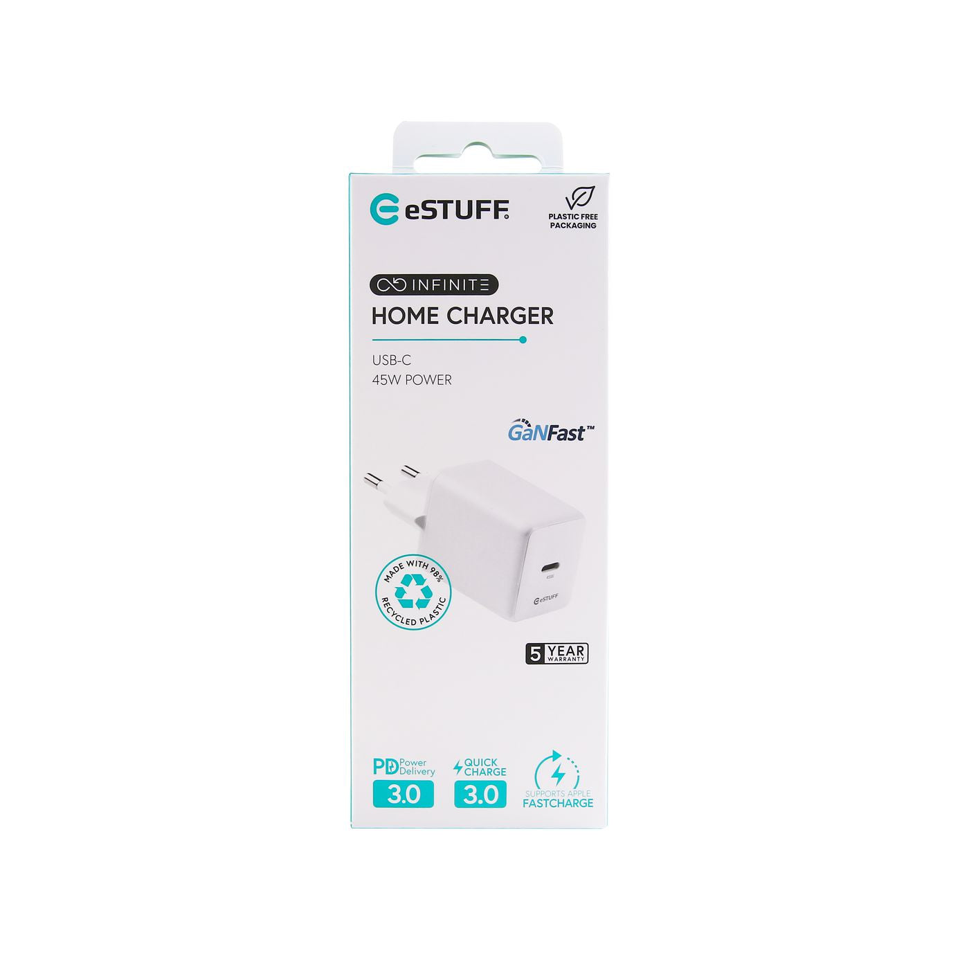 eSTUFF INFINITE GRS USB-Ladegerät 45 W – USB-C×1 – PD, GaN, EU-Stecker (Typ C) – Weiss