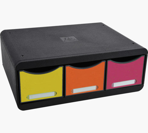 Exacompta Toolbox Maxi Schubladenelement – 3 Schubladen, schwarz/mehrfarbig, B 355 × H 134 × T 270 mm